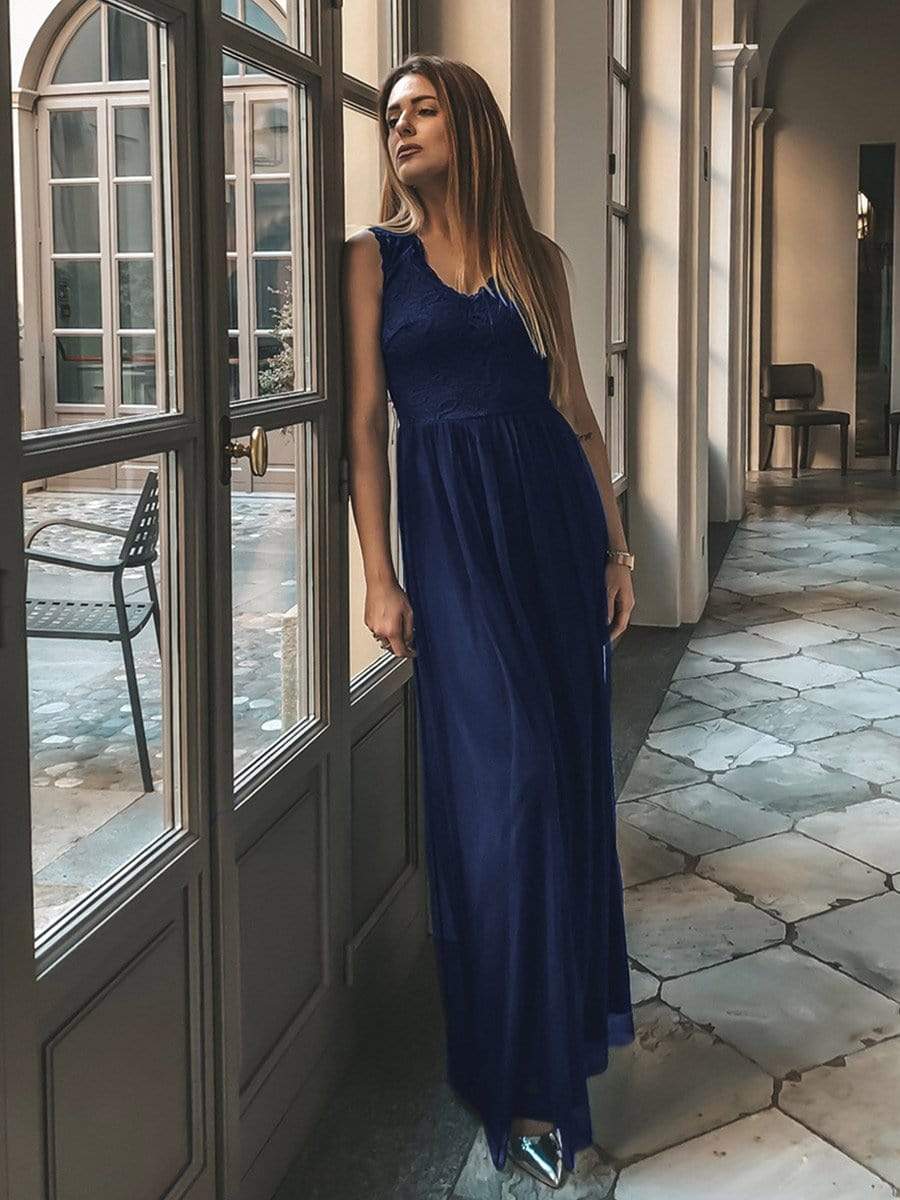Color=Navy Blue | Elegant A Line V Neck Hollow Out Long Bridesmaid Dress With Lace Bodice-Navy Blue 2 Color=Navy Blue | Elegant A Line V Neck Hollow Out Long Bridesmaid Dress With Lace Bodice-Navy Blue 2