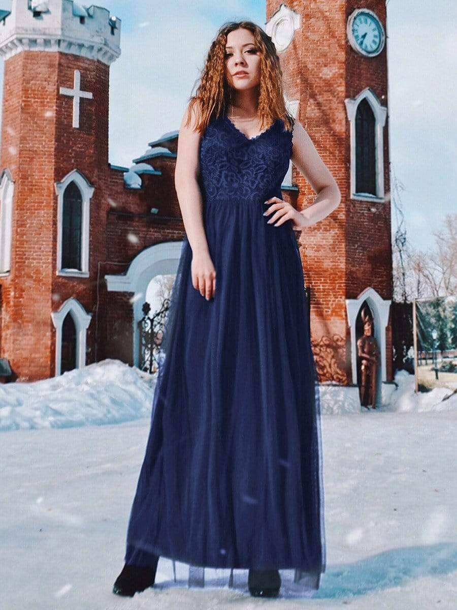 Color=Navy Blue | Elegant A Line V Neck Hollow Out Long Bridesmaid Dress With Lace Bodice-Navy Blue 3 Color=Navy Blue | Elegant A Line V Neck Hollow Out Long Bridesmaid Dress With Lace Bodice-Navy Blue 3