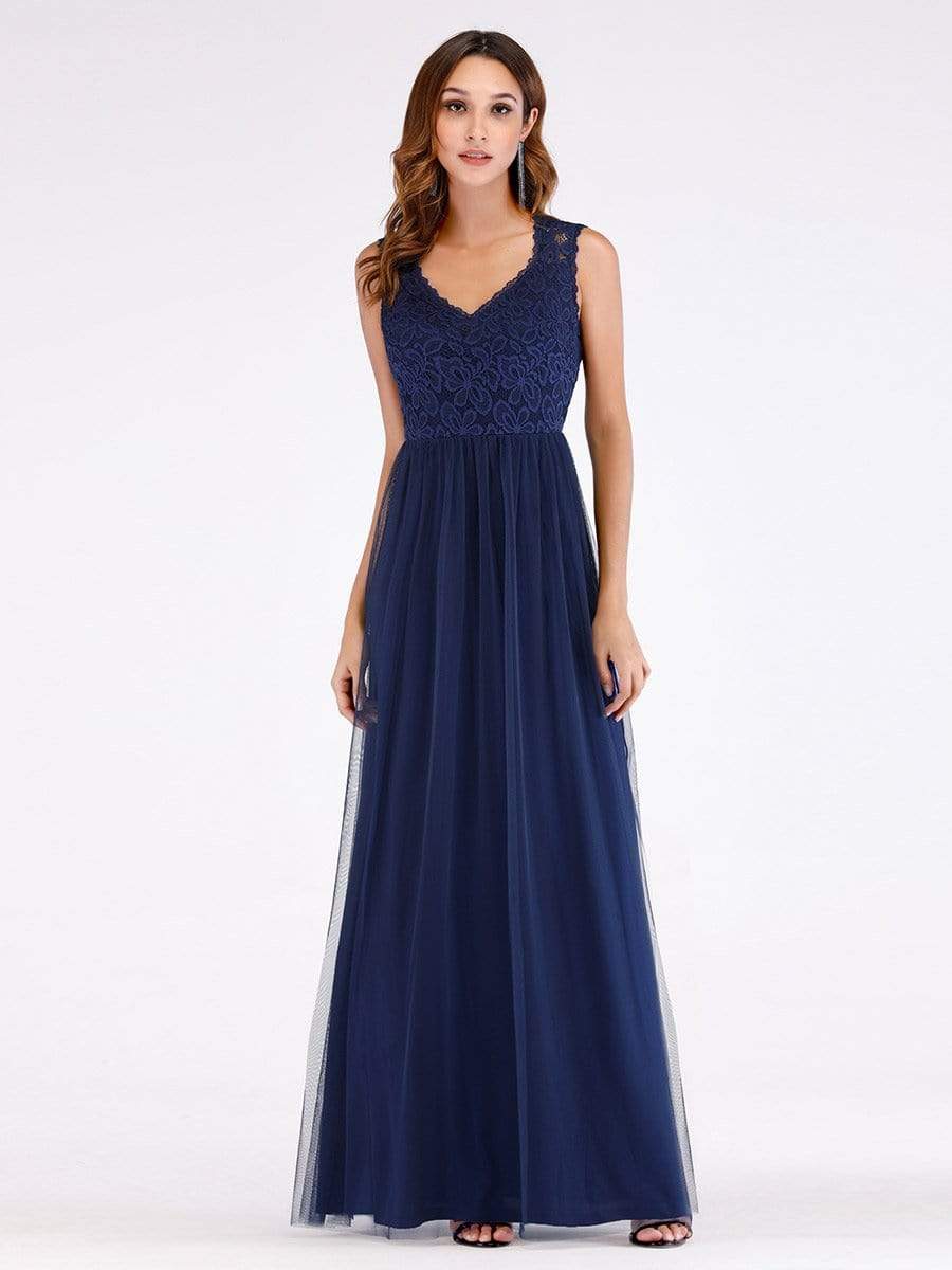 Color=Navy Blue | Elegant A Line V Neck Hollow Out Long Bridesmaid Dress With Lace Bodice-Navy Blue 5 Color=Navy Blue | Elegant A Line V Neck Hollow Out Long Bridesmaid Dress With Lace Bodice-Navy Blue 5