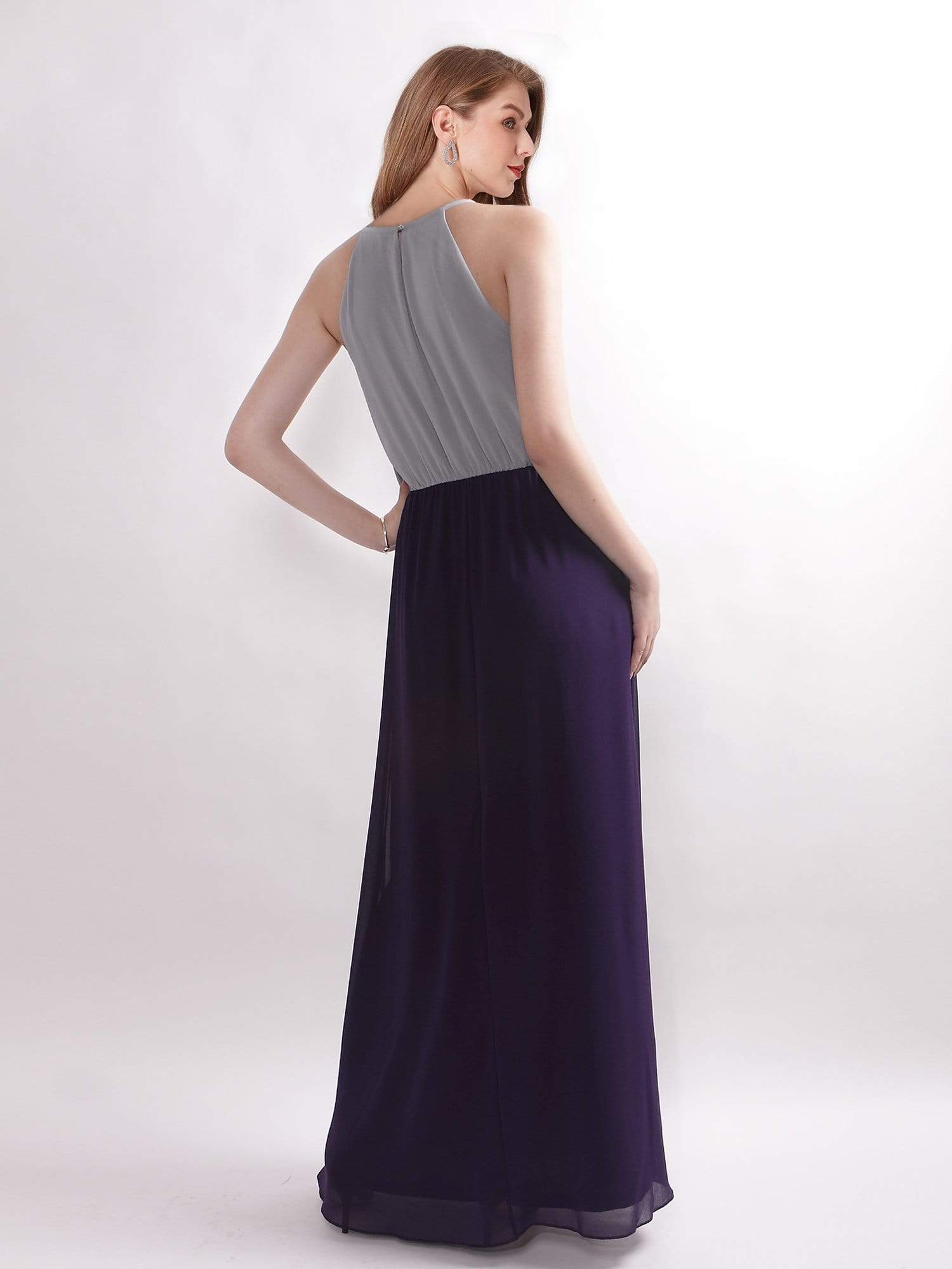 Color=Grey | Casual Halter Color Block Maxi Dress-Grey 3 Color=Grey | Casual Halter Color Block Maxi Dress-Grey 3
