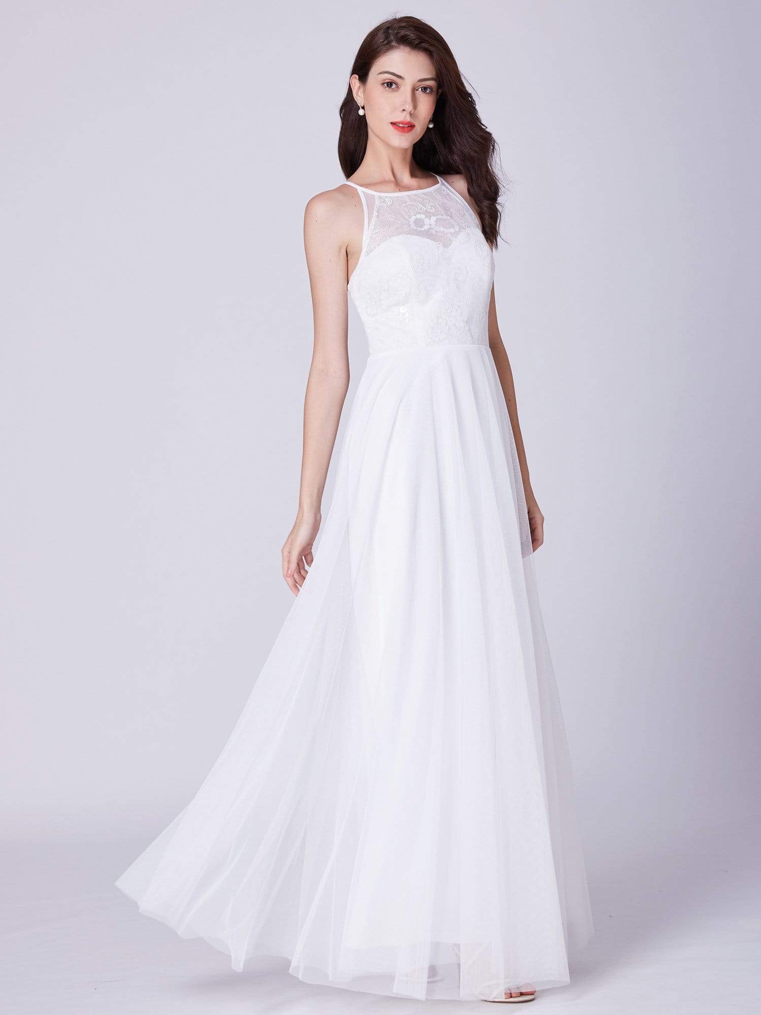 Color=White | Halter Neck Long White Wedding Dress With Lace Bodice-White 5 Color=White | Halter Neck Long White Wedding Dress With Lace Bodice-White 5