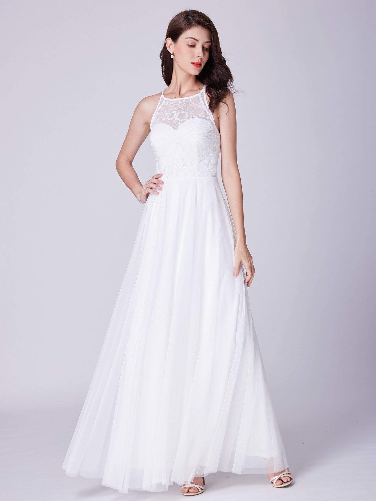Color=White | Halter Neck Long White Wedding Dress With Lace Bodice-White 1 Color=White | Halter Neck Long White Wedding Dress With Lace Bodice-White 1