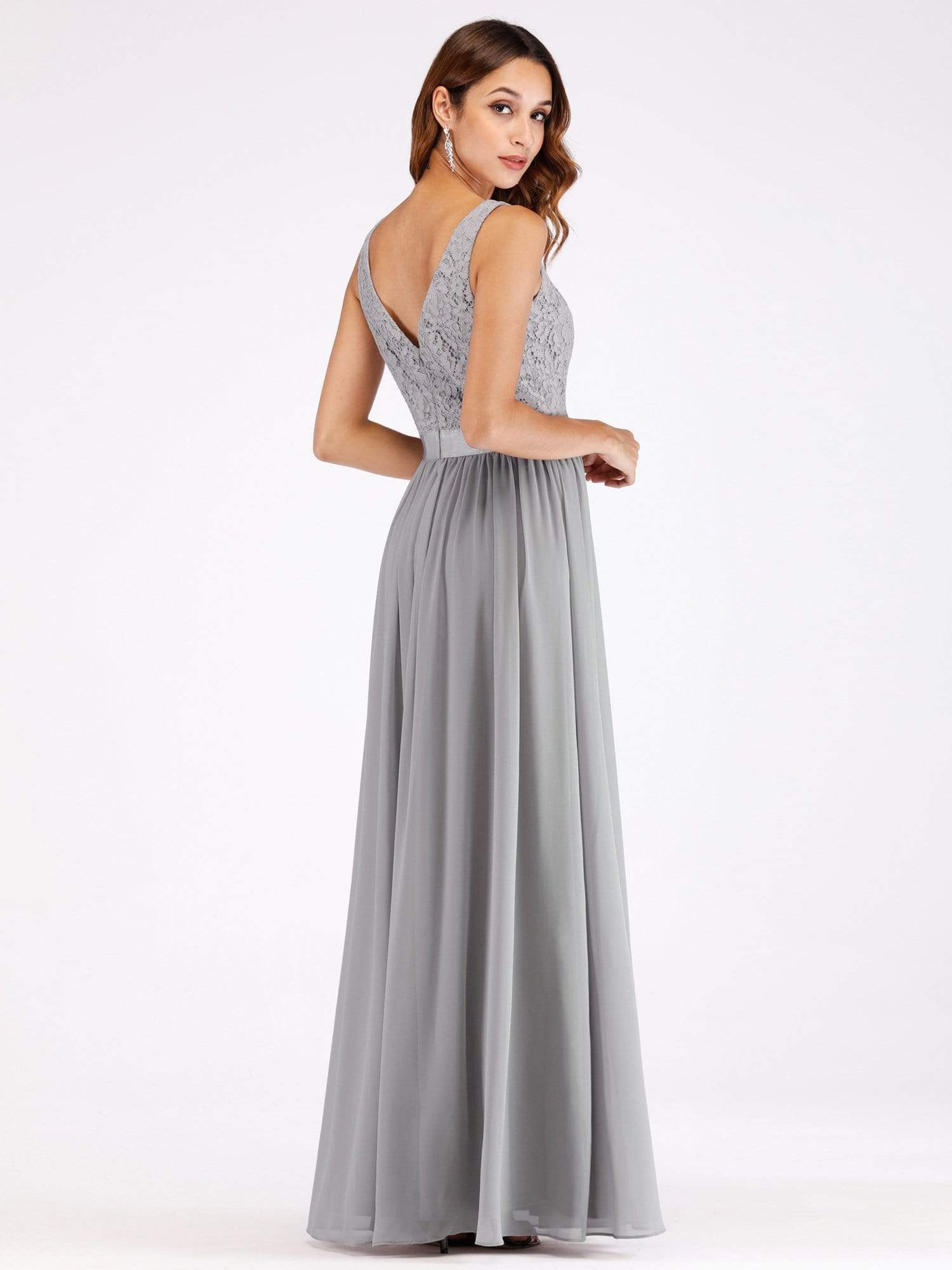 Color=Grey | Long Grey Evening Dress With Lace Bodice-Grey 3 Color=Grey | Long Grey Evening Dress With Lace Bodice-Grey 3