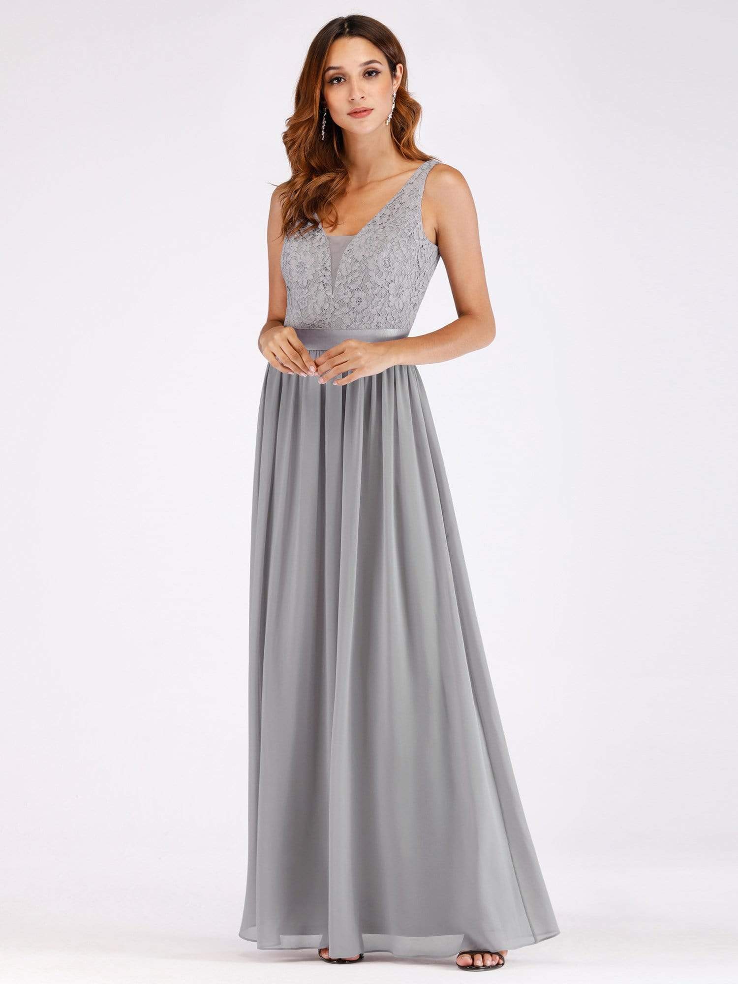 Color=Grey | Long Grey Evening Dress With Lace Bodice-Grey 1 Color=Grey | Long Grey Evening Dress With Lace Bodice-Grey 1