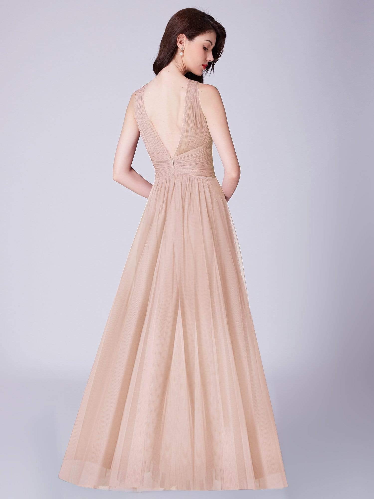 COLOR=Blush | Long Evening Dress With Ruched Bust & V Neck-Blush 2 COLOR=Blush | Long Evening Dress With Ruched Bust & V Neck-Blush 2