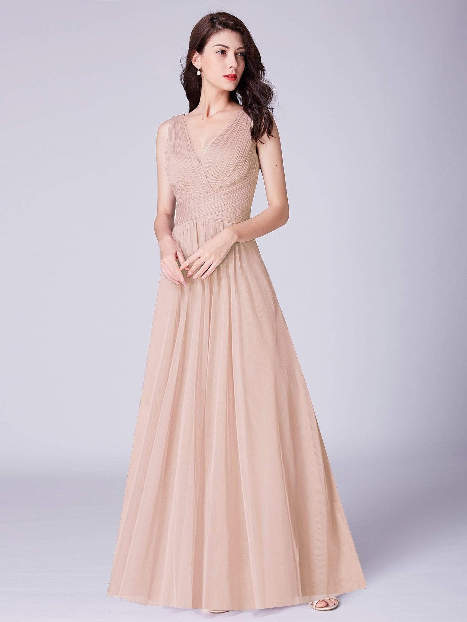 COLOR=Blush | Long Evening Dress With Ruched Bust & V Neck-Blush 4 COLOR=Blush | Long Evening Dress With Ruched Bust & V Neck-Blush 4