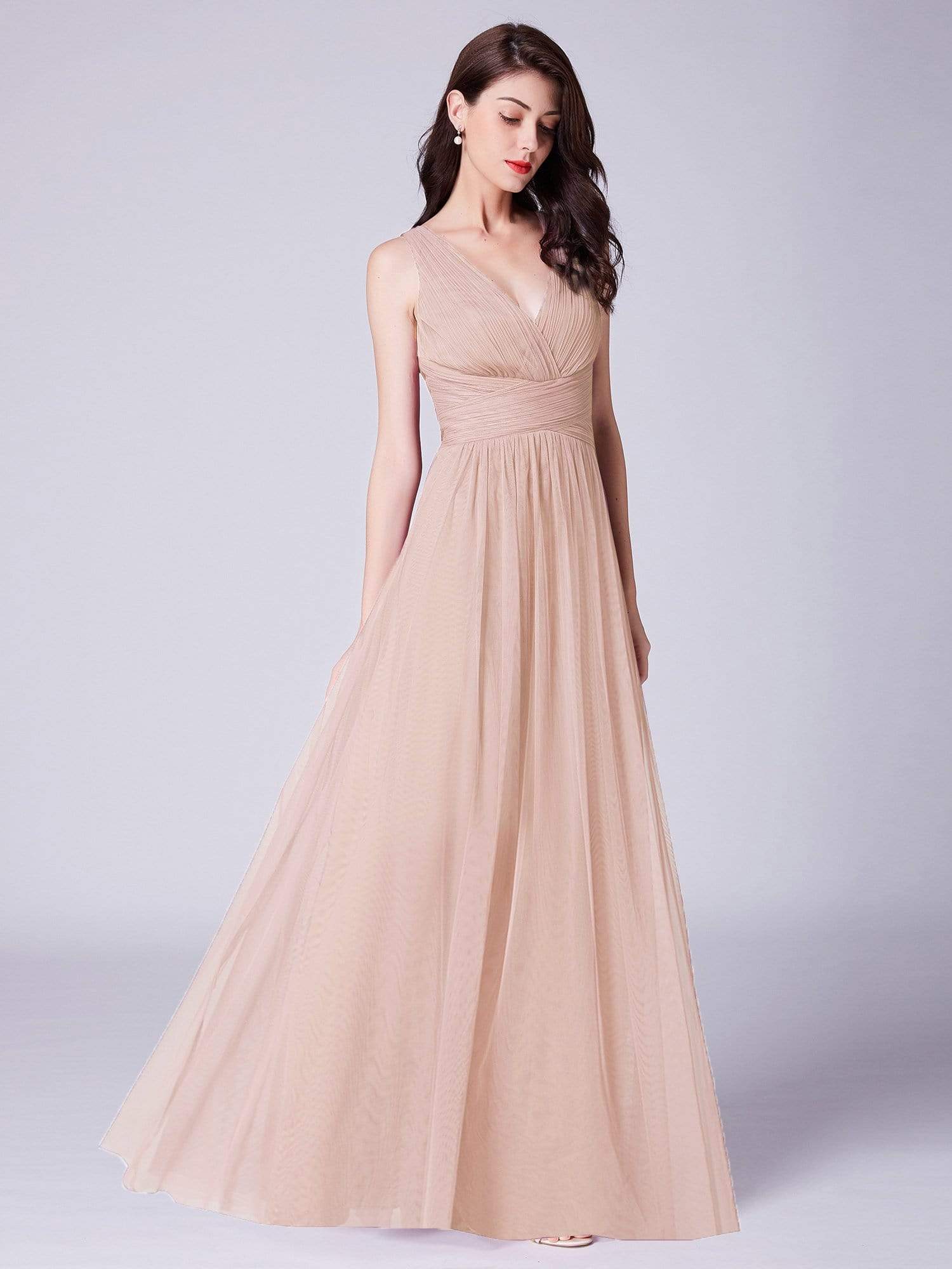 COLOR=Blush | Long Evening Dress With Ruched Bust & V Neck-Blush 1 COLOR=Blush | Long Evening Dress With Ruched Bust & V Neck-Blush 1