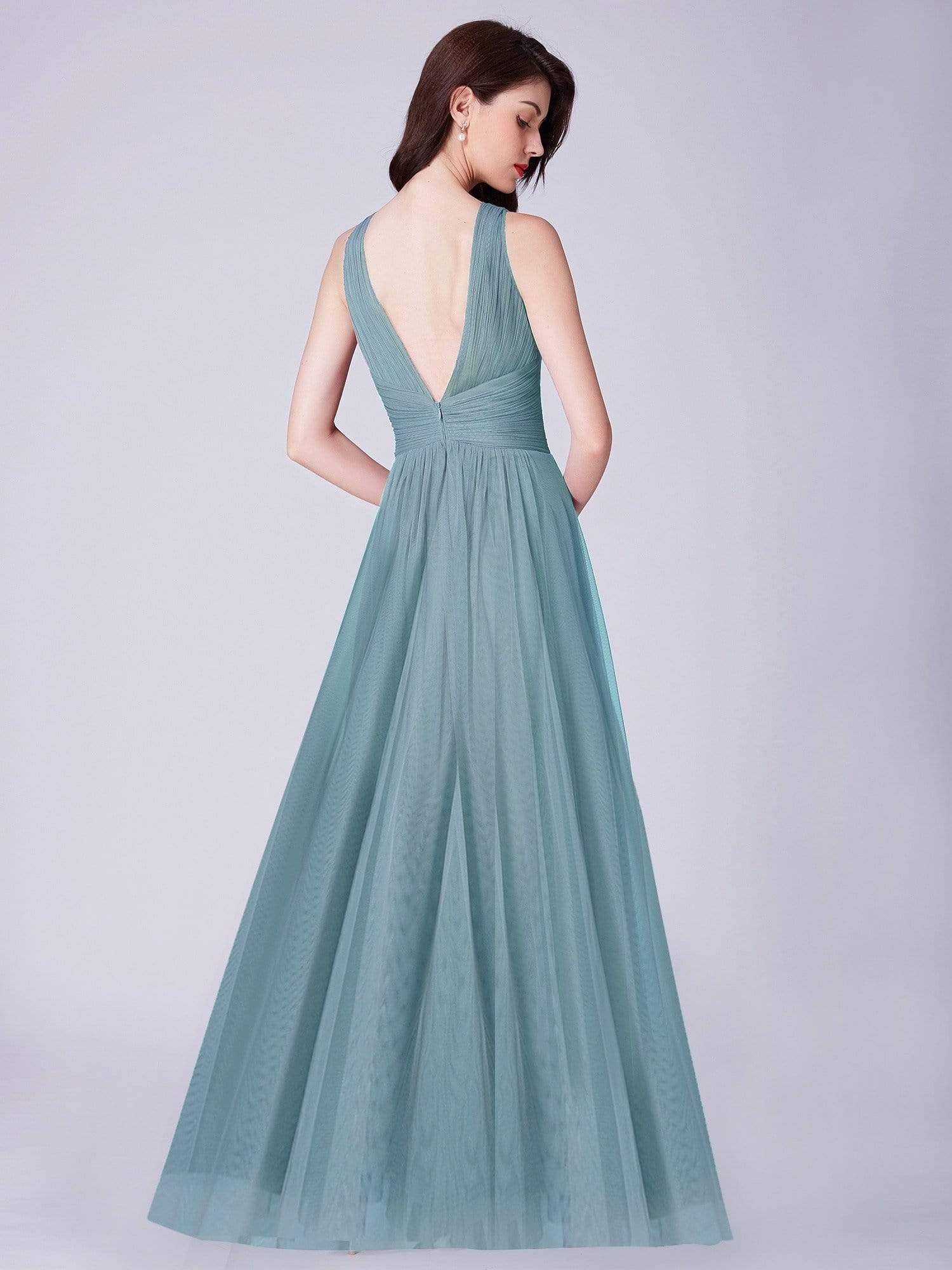 COLOR=Dusty Blue | Long Evening Dress With Ruched Bust & V Neck-Dusty Blue 2 COLOR=Dusty Blue | Long Evening Dress With Ruched Bust & V Neck-Dusty Blue 2