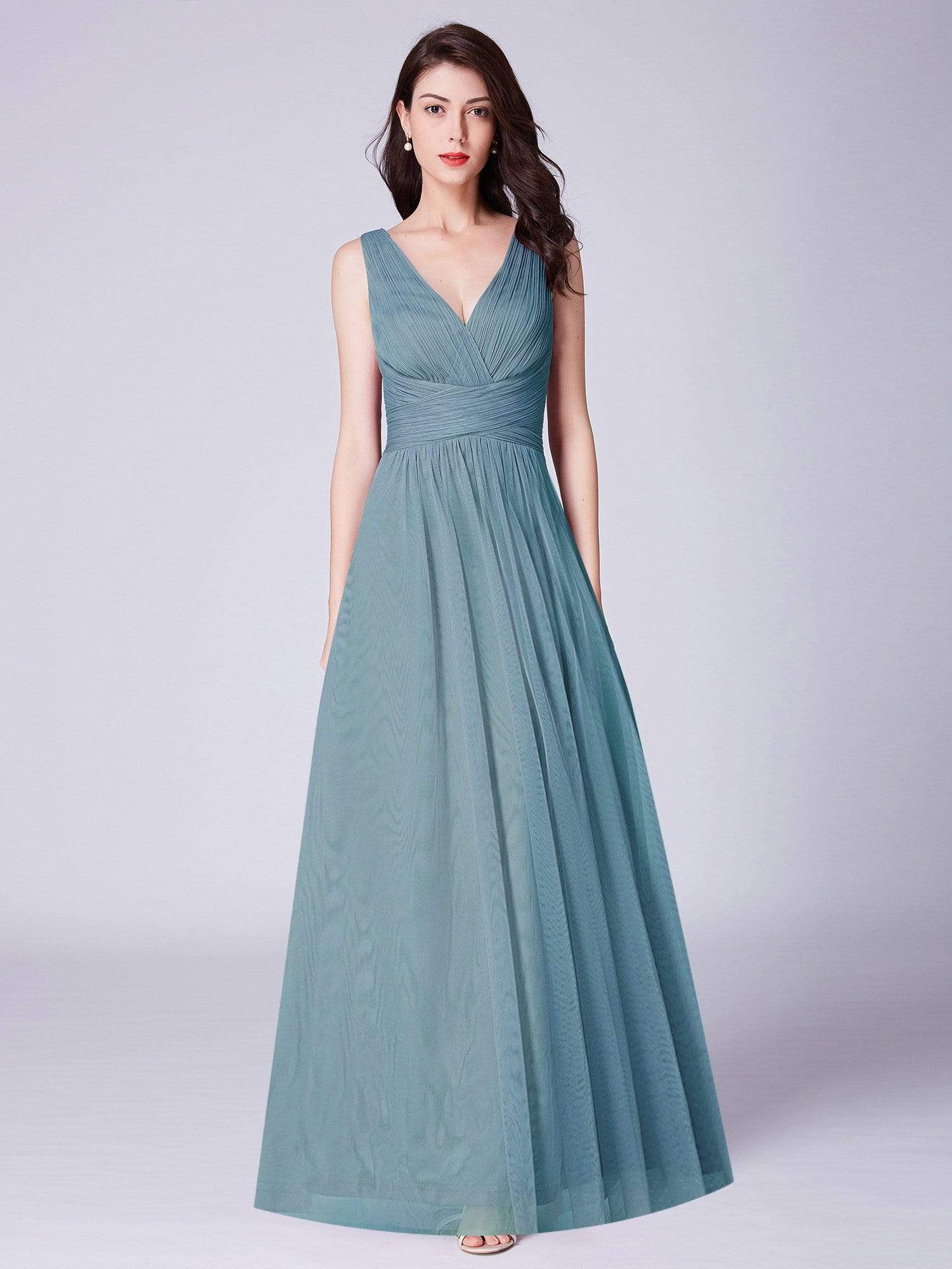 COLOR=Dusty Blue | Long Evening Dress With Ruched Bust & V Neck-Dusty Blue 3 COLOR=Dusty Blue | Long Evening Dress With Ruched Bust & V Neck-Dusty Blue 3