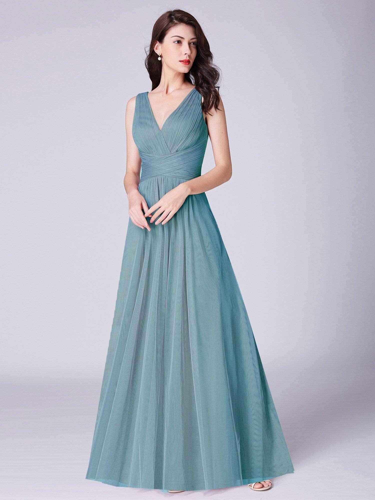 COLOR=Dusty Blue | Long Evening Dress With Ruched Bust & V Neck-Dusty Blue 4 COLOR=Dusty Blue | Long Evening Dress With Ruched Bust & V Neck-Dusty Blue 4