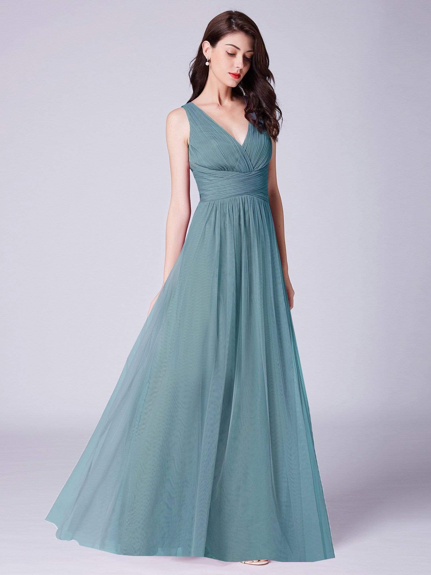 COLOR=Dusty Blue | Long Evening Dress With Ruched Bust & V Neck-Dusty Blue 1 COLOR=Dusty Blue | Long Evening Dress With Ruched Bust & V Neck-Dusty Blue 1