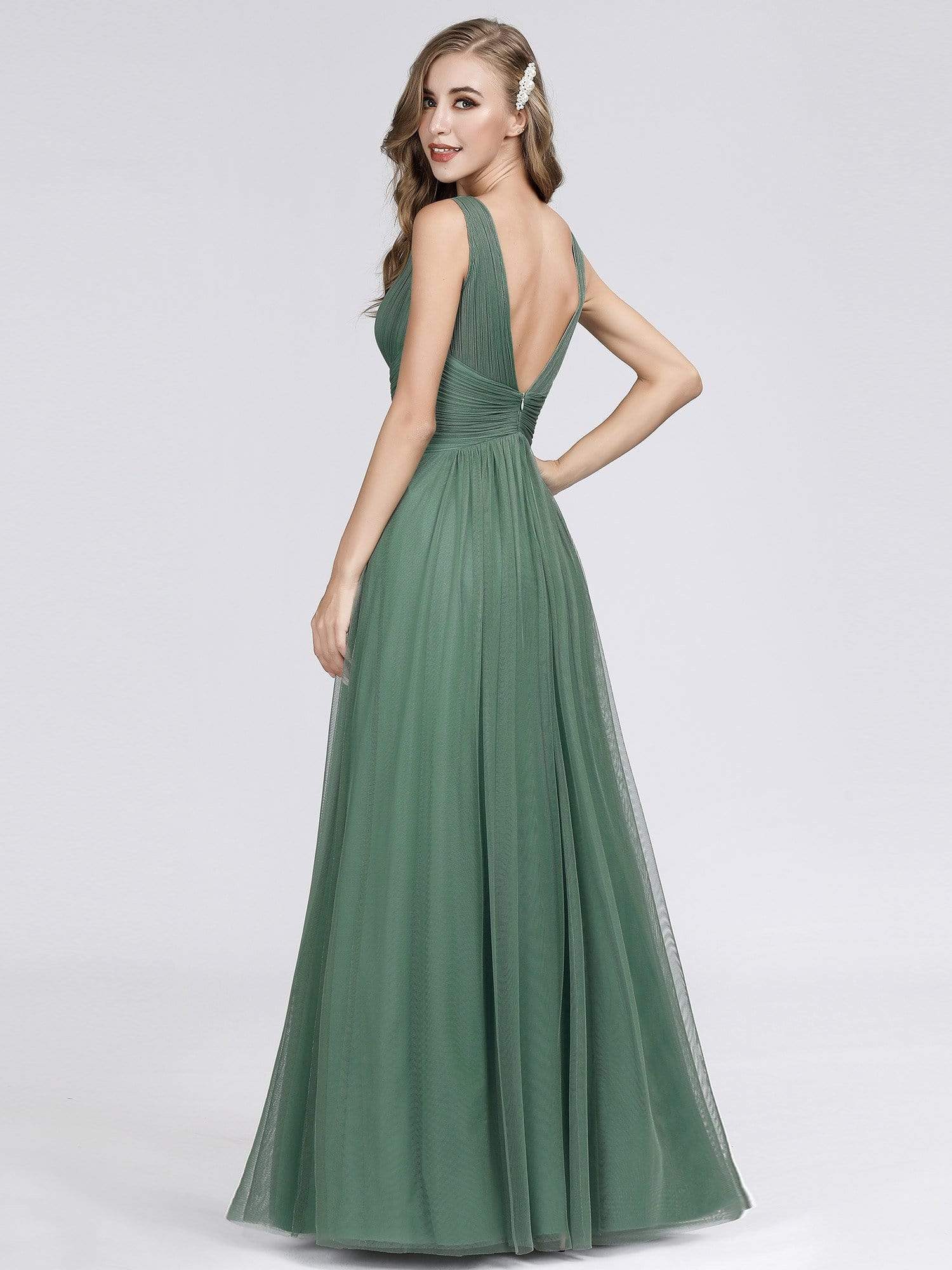 COLOR=Green Bean | Long Evening Dress With Ruched Bust & V Neck-Green Bean 5 COLOR=Green Bean | Long Evening Dress With Ruched Bust & V Neck-Green Bean 5