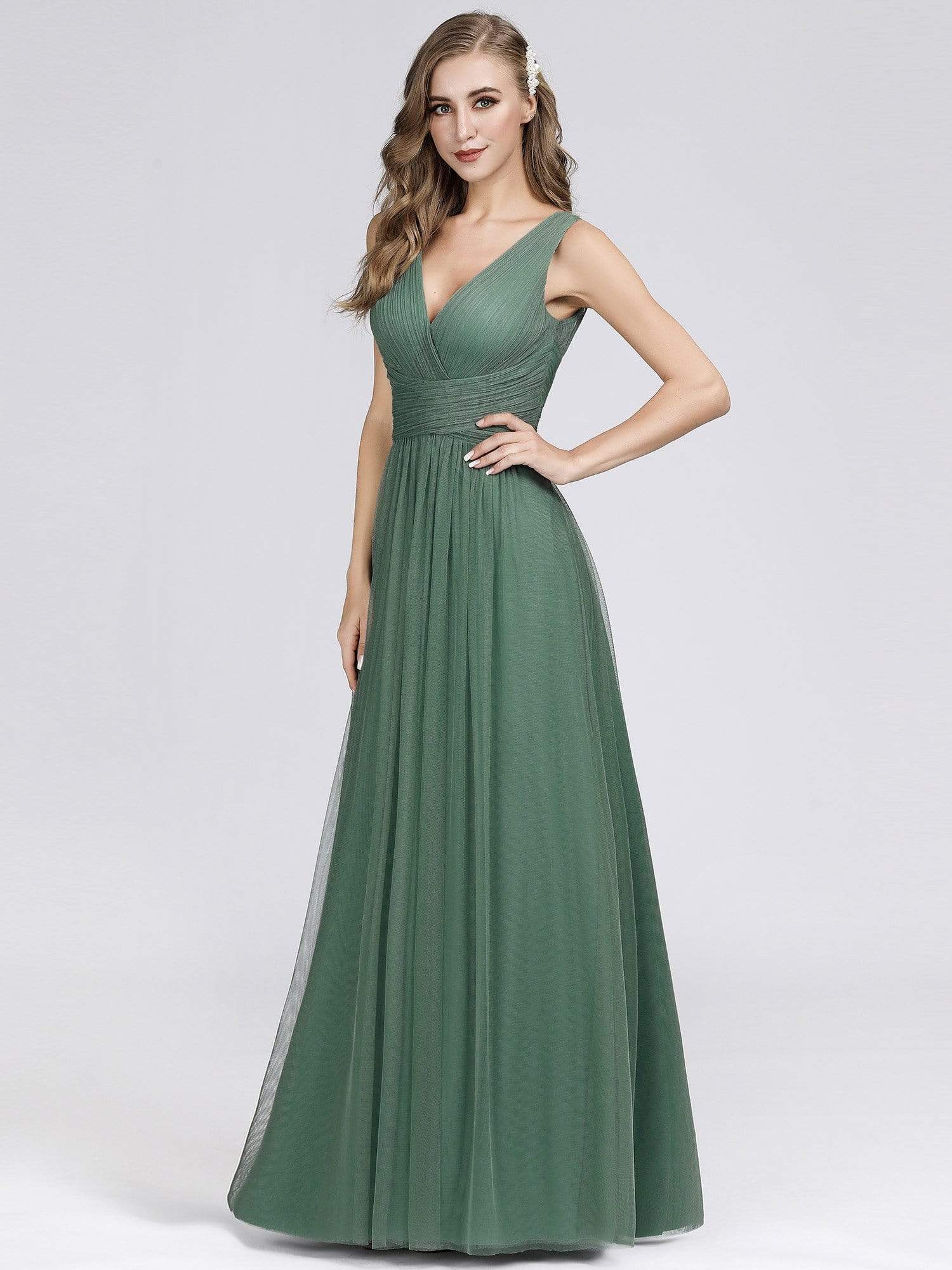 COLOR=Green Bean | Long Evening Dress With Ruched Bust & V Neck-Green Bean 2 COLOR=Green Bean | Long Evening Dress With Ruched Bust & V Neck-Green Bean 2