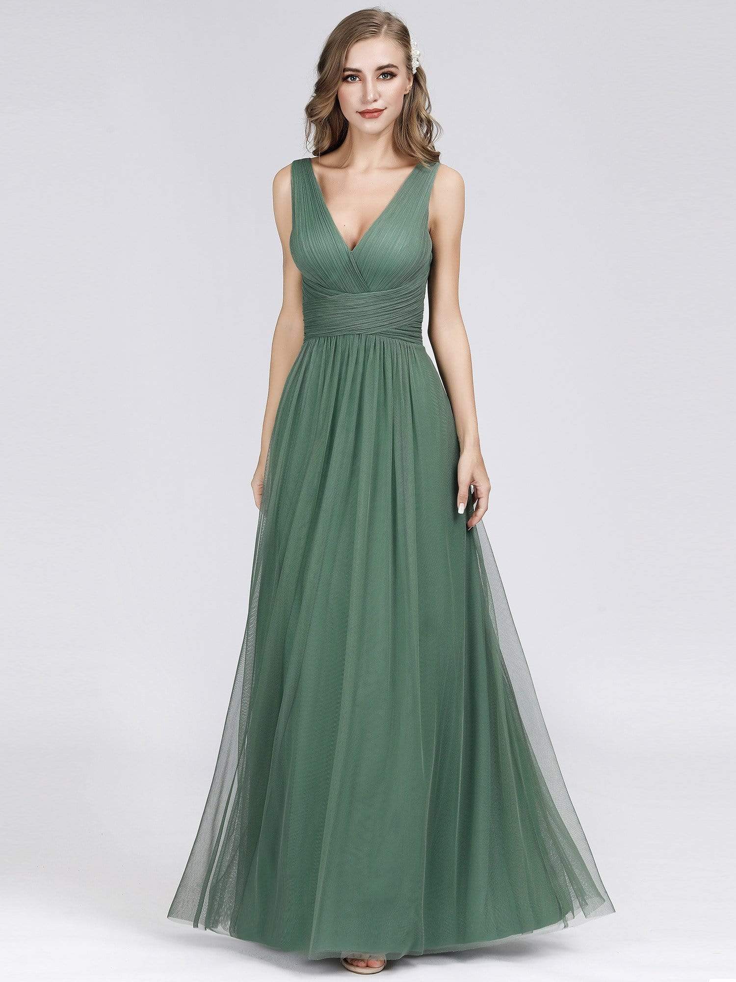 COLOR=Green Bean | Long Evening Dress With Ruched Bust & V Neck-Green Bean 3 COLOR=Green Bean | Long Evening Dress With Ruched Bust & V Neck-Green Bean 3