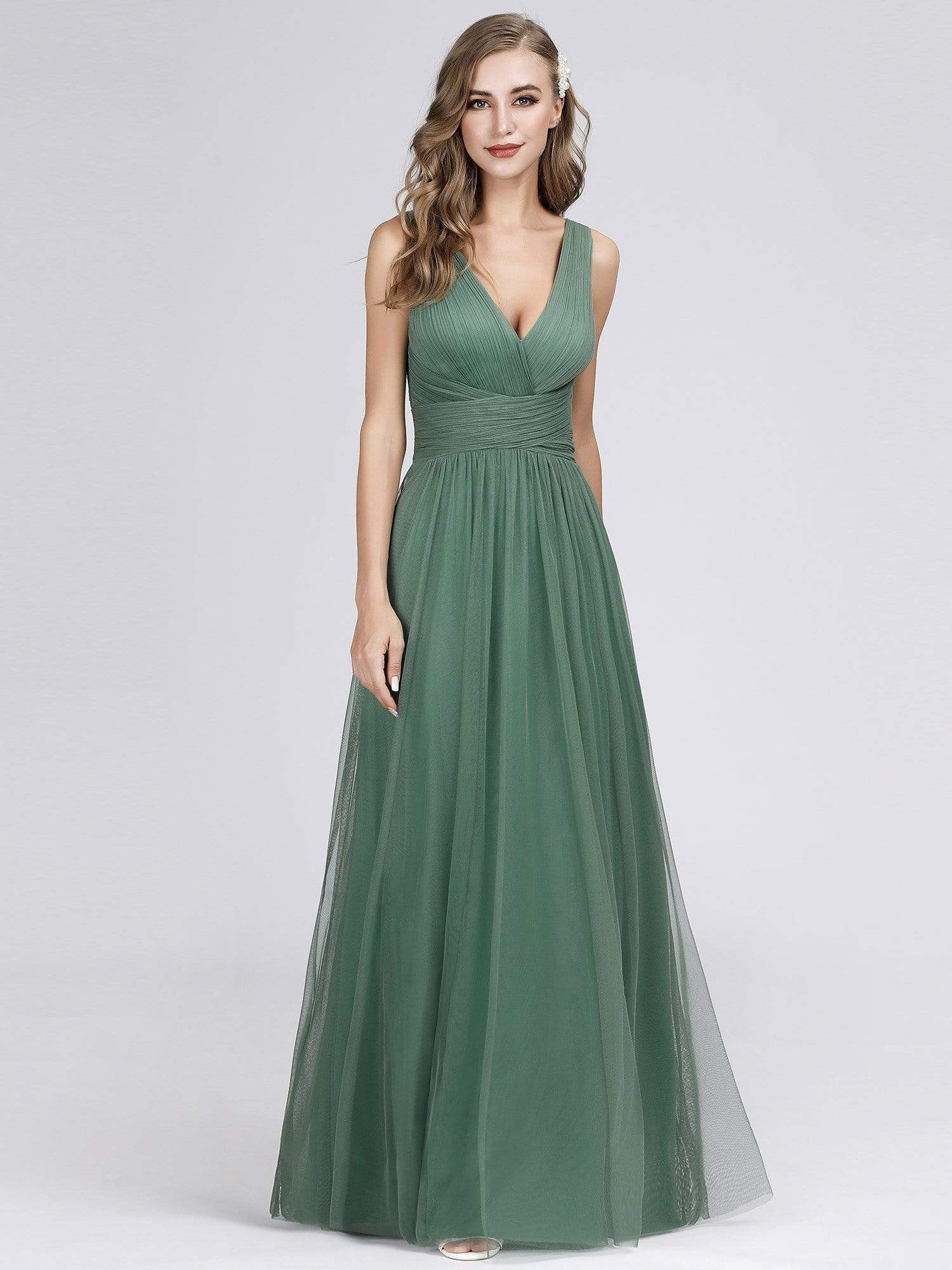COLOR=Green Bean | Long Evening Dress With Ruched Bust & V Neck-Green Bean 6 COLOR=Green Bean | Long Evening Dress With Ruched Bust & V Neck-Green Bean 6