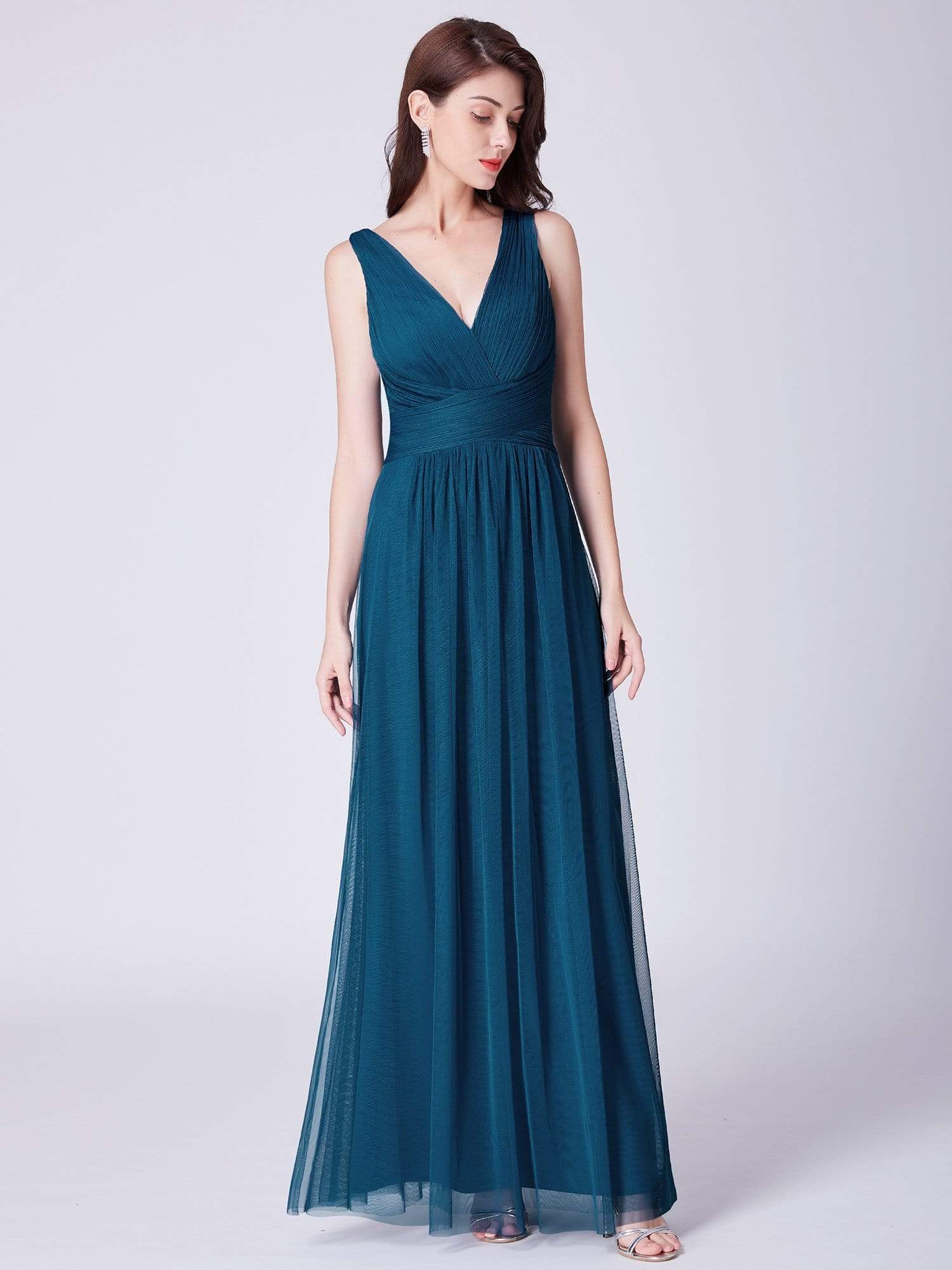 COLOR=Teal | Long Evening Dress With Ruched Bust & V Neck-Teal 2 COLOR=Teal | Long Evening Dress With Ruched Bust & V Neck-Teal 2