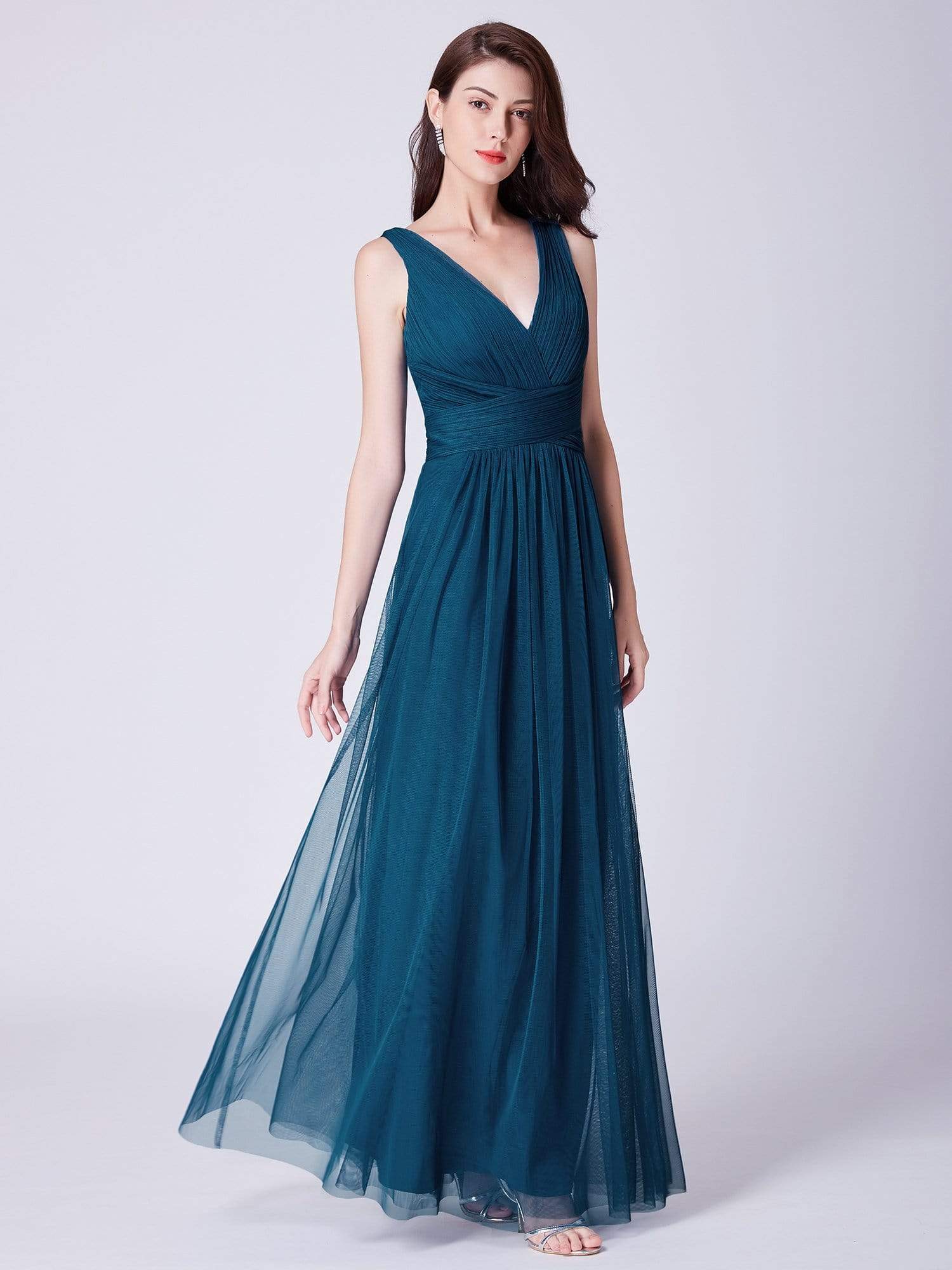 COLOR=Teal | Long Evening Dress With Ruched Bust & V Neck-Teal 4 COLOR=Teal | Long Evening Dress With Ruched Bust & V Neck-Teal 4