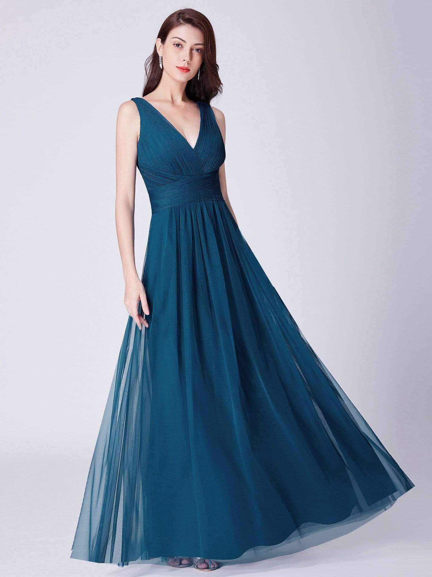 COLOR=Teal | Long Evening Dress With Ruched Bust & V Neck-Teal 1 COLOR=Teal | Long Evening Dress With Ruched Bust & V Neck-Teal 1