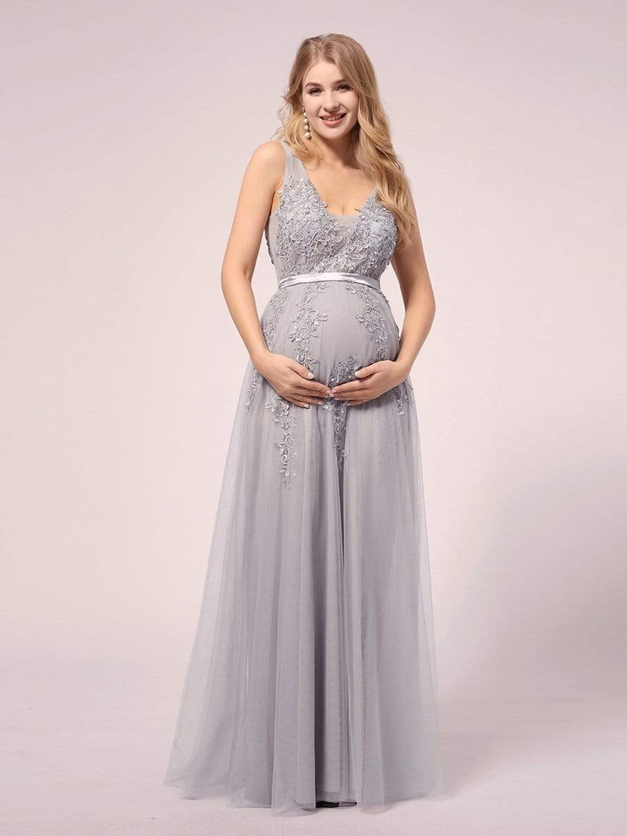 COLOR=Grey | Sexy See through Applique Tulle Maternity Dresses-Grey 2 COLOR=Grey | Sexy See through Applique Tulle Maternity Dresses-Grey 2