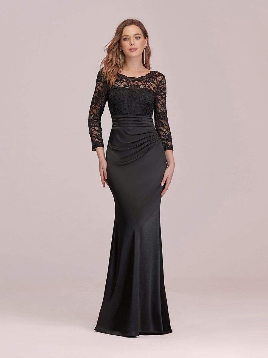 See Through Neckline Lace Satin Evening Gown with Long Sleeve