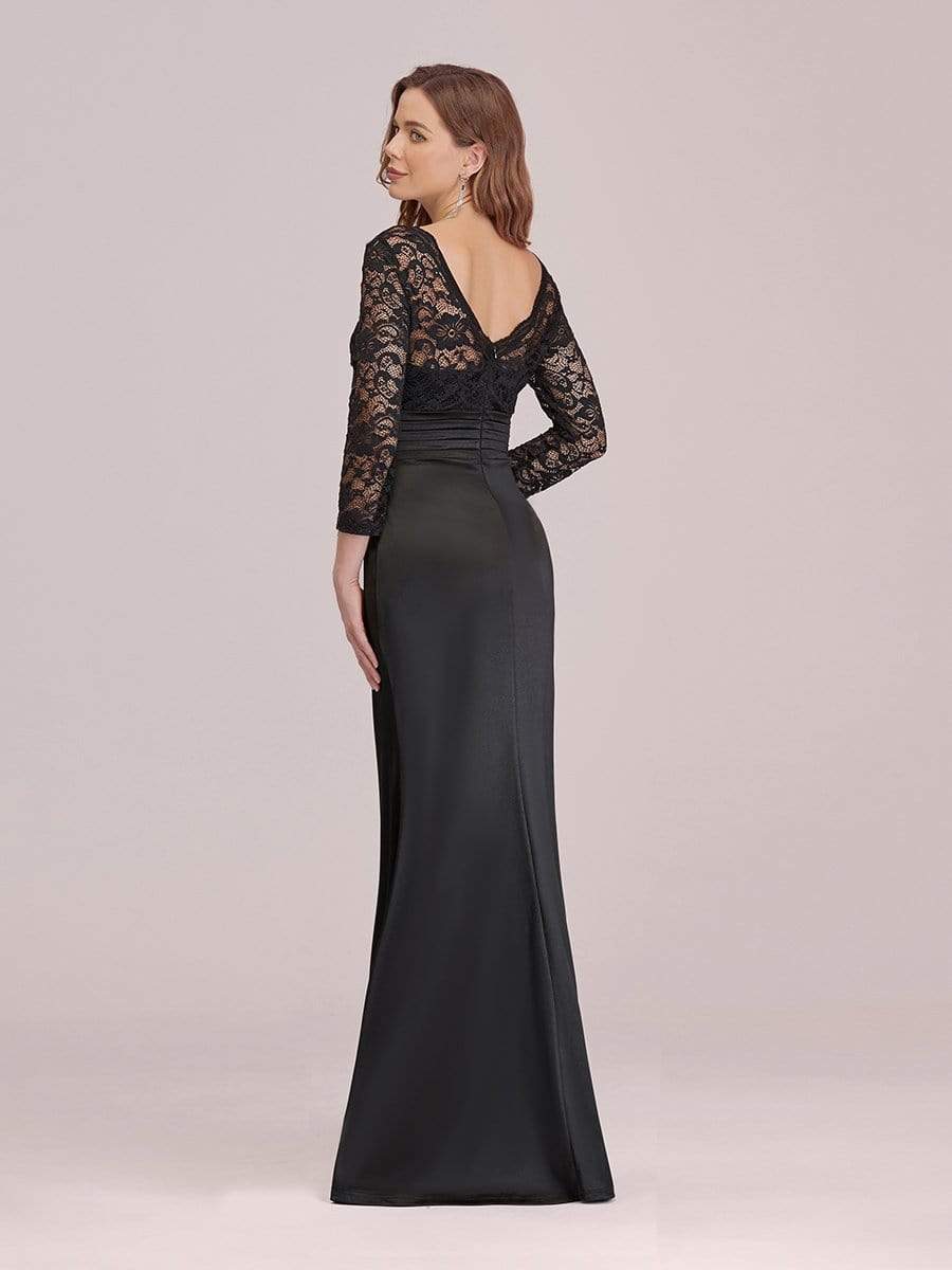 COLOR=Black | Long Sleeve Lace & Satin Evening Gown-Black 2 COLOR=Black | Long Sleeve Lace & Satin Evening Gown-Black 2