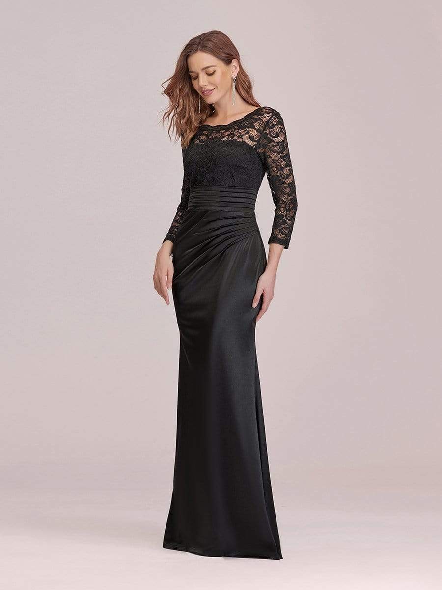 COLOR=Black | Long Sleeve Lace & Satin Evening Gown-Black 3 COLOR=Black | Long Sleeve Lace & Satin Evening Gown-Black 3