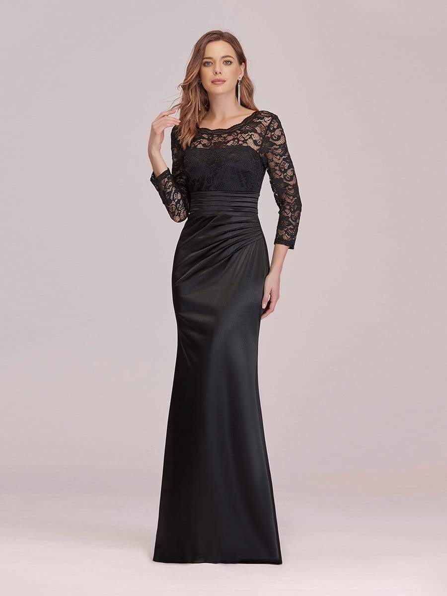 COLOR=Black | Long Sleeve Lace & Satin Evening Gown-Black 4 COLOR=Black | Long Sleeve Lace & Satin Evening Gown-Black 4