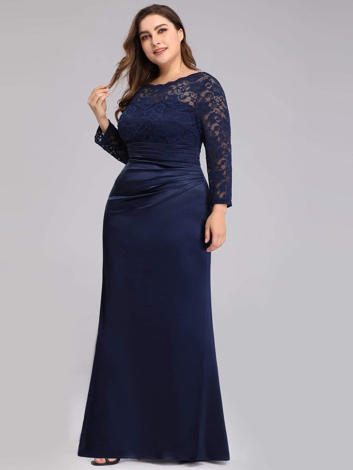 Color=Navy Blue | Plus Size Long Sleeve Lace & Satin Evening Gown-Navy Blue 3 Color=Navy Blue | Plus Size Long Sleeve Lace & Satin Evening Gown-Navy Blue 3