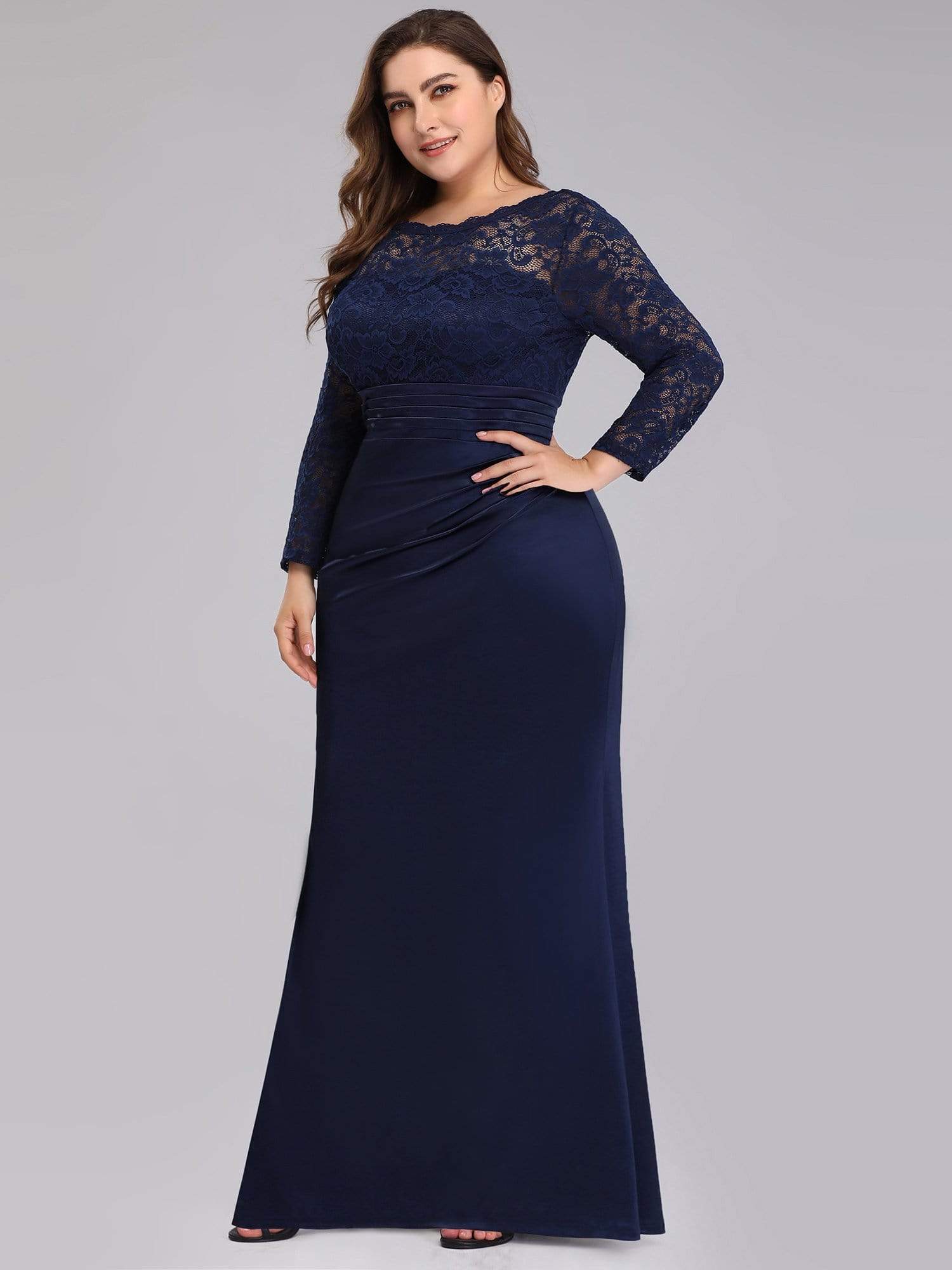 Color=Navy Blue | Plus Size Long Sleeve Lace & Satin Evening Gown-Navy Blue 4 Color=Navy Blue | Plus Size Long Sleeve Lace & Satin Evening Gown-Navy Blue 4