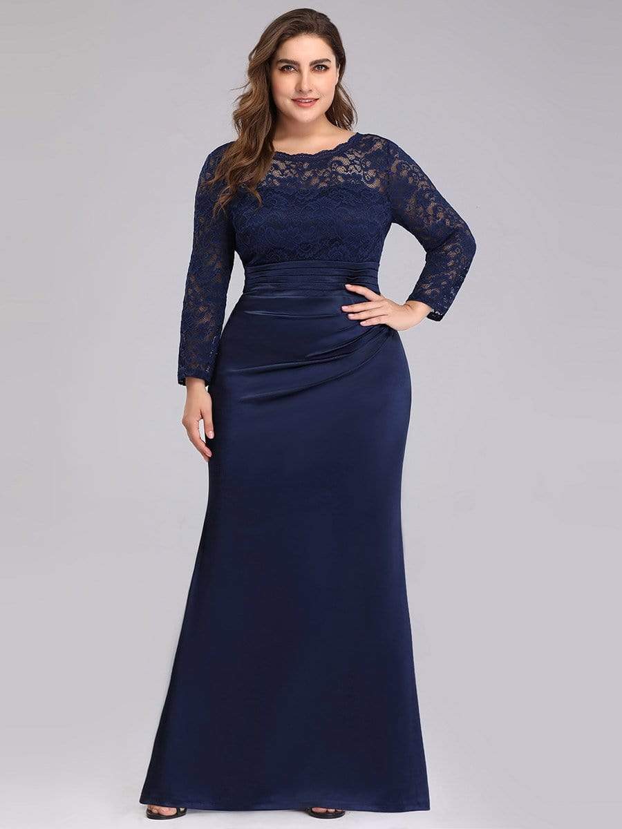 COLOR=Navy Blue | Long Sleeve Lace & Satin Evening Gown-Navy Blue 3 COLOR=Navy Blue | Long Sleeve Lace & Satin Evening Gown-Navy Blue 3