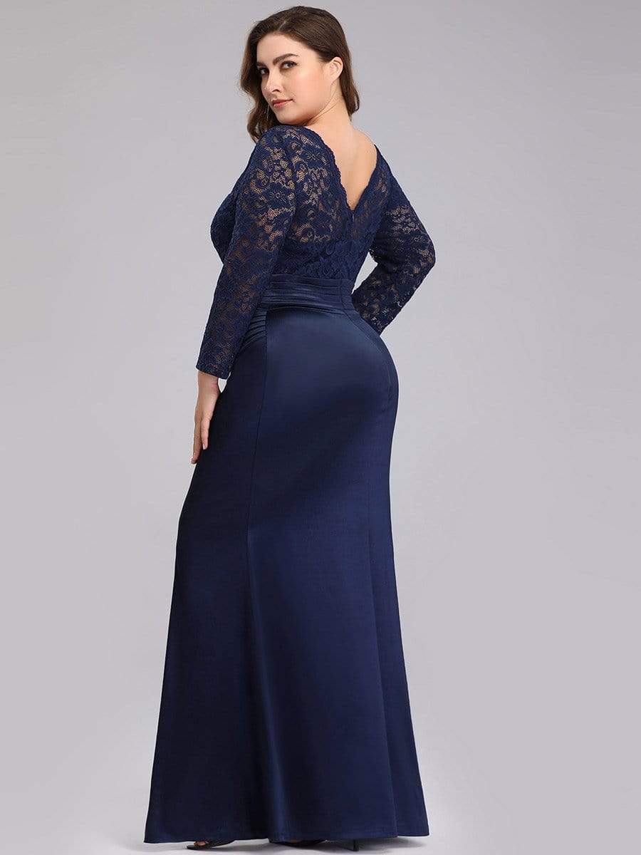 COLOR=Navy Blue | Long Sleeve Lace & Satin Evening Gown-Navy Blue 4 COLOR=Navy Blue | Long Sleeve Lace & Satin Evening Gown-Navy Blue 4