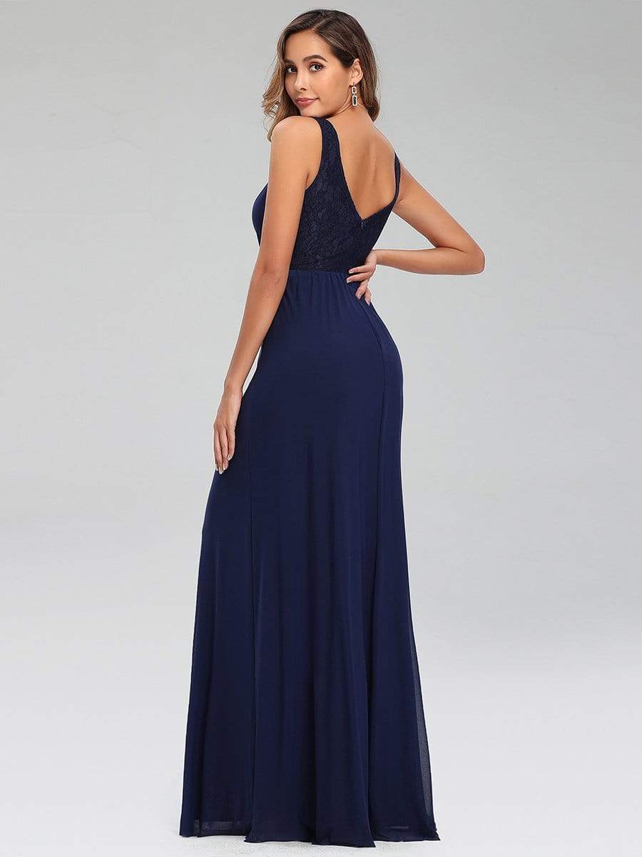 Color=Navy Blue | Lace & Chiffon Long Formal Maxi Dress-Navy Blue 2 Color=Navy Blue | Lace & Chiffon Long Formal Maxi Dress-Navy Blue 2