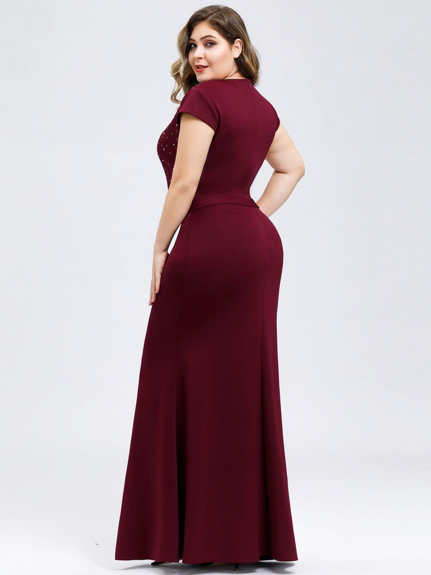 Color=Burgundy | V Neck Fishtail Plus Size Evening Dress-Burgundy 2 Color=Burgundy | V Neck Fishtail Plus Size Evening Dress-Burgundy 2