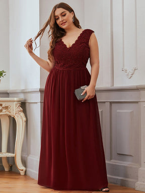 COLOR=Burgundy | Long Chiffon Evening Dress With Lace Bodice & V Neck-Burgundy 8