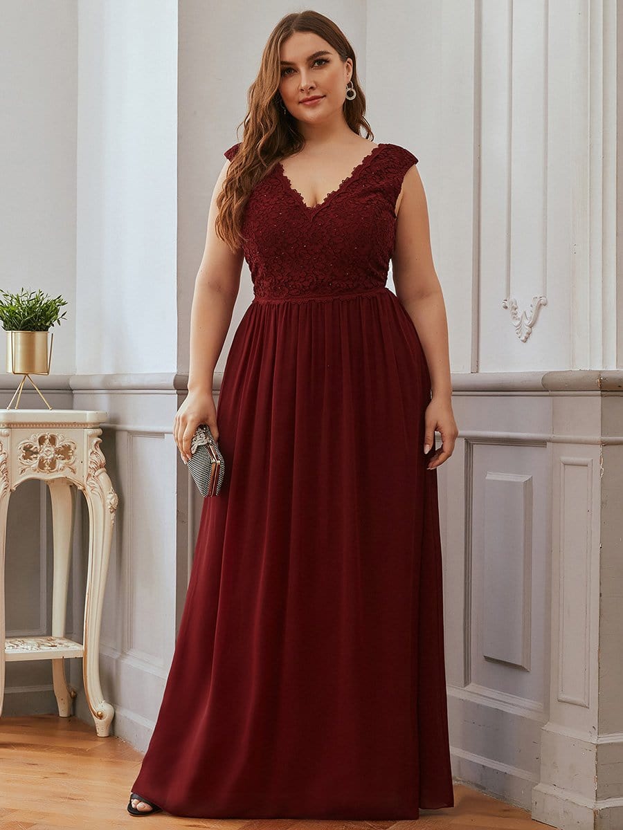 COLOR=Burgundy | Long Chiffon Evening Dress With Lace Bodice & V Neck-Burgundy 9 COLOR=Burgundy | Long Chiffon Evening Dress With Lace Bodice & V Neck-Burgundy 9