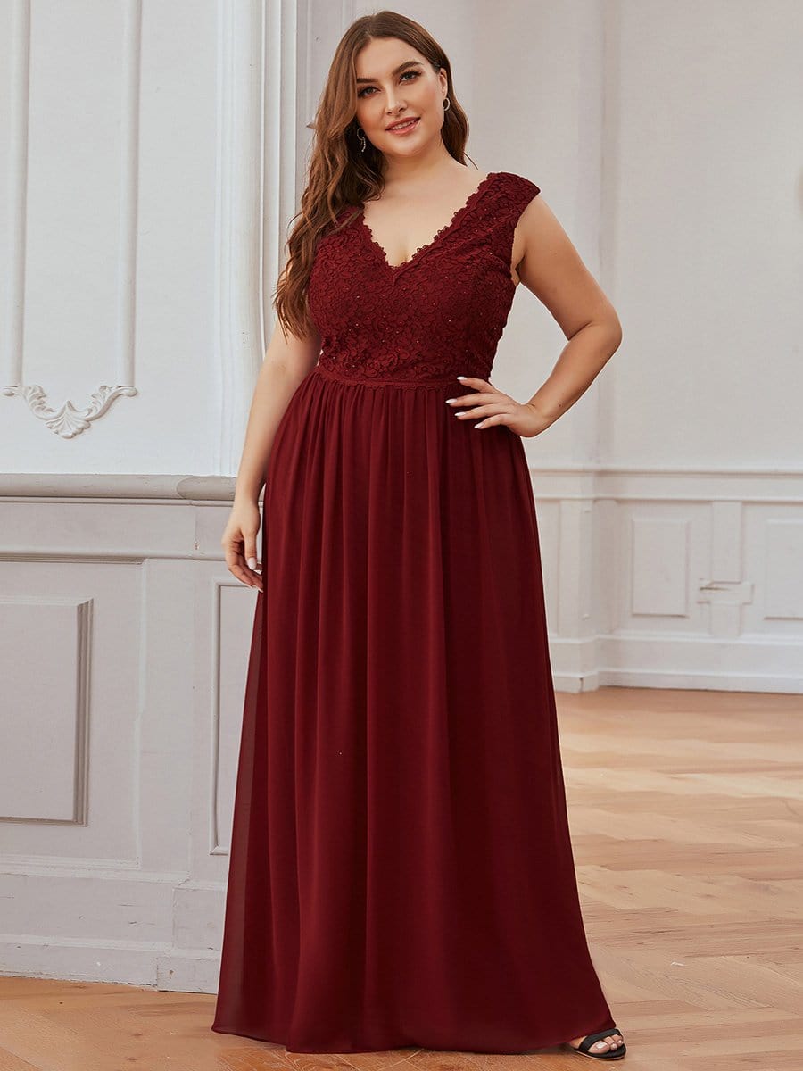 COLOR=Burgundy | Long Chiffon Evening Dress With Lace Bodice & V Neck-Burgundy 6 COLOR=Burgundy | Long Chiffon Evening Dress With Lace Bodice & V Neck-Burgundy 6