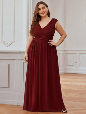 COLOR=Burgundy | Long Chiffon Evening Dress With Lace Bodice & V Neck-Burgundy 6