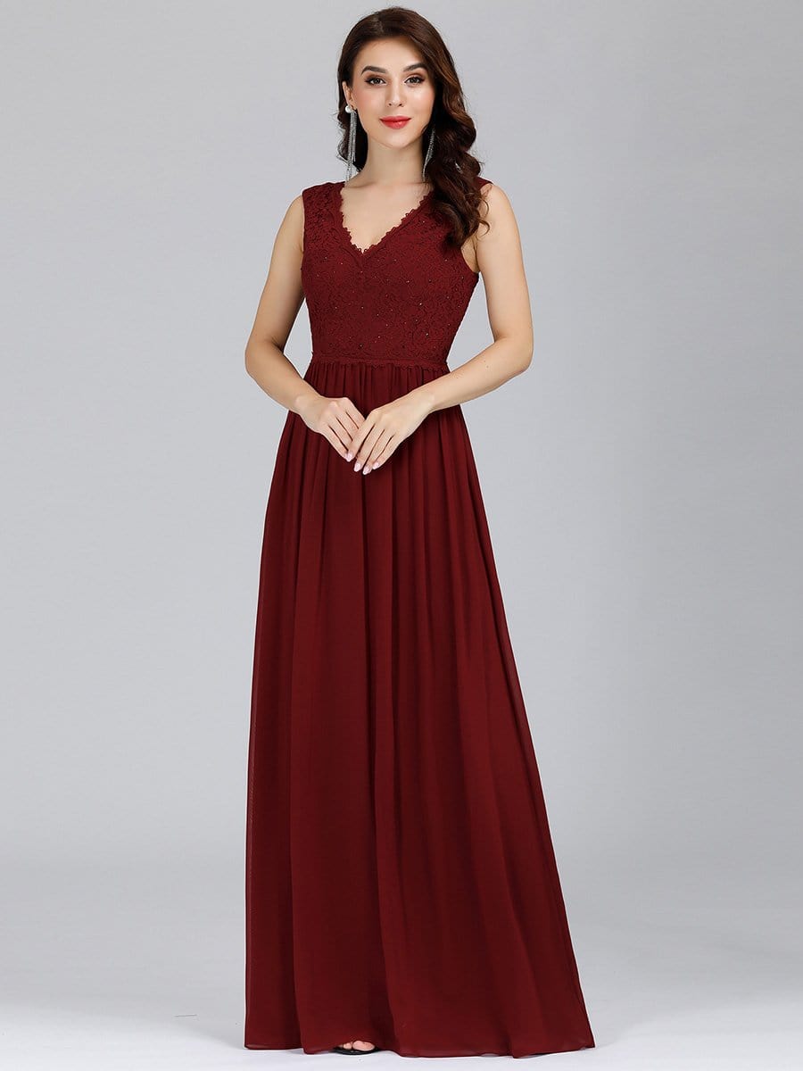 COLOR=Burgundy | Long Chiffon Evening Dress With Lace Bodice & V Neck-Burgundy 3 COLOR=Burgundy | Long Chiffon Evening Dress With Lace Bodice & V Neck-Burgundy 3