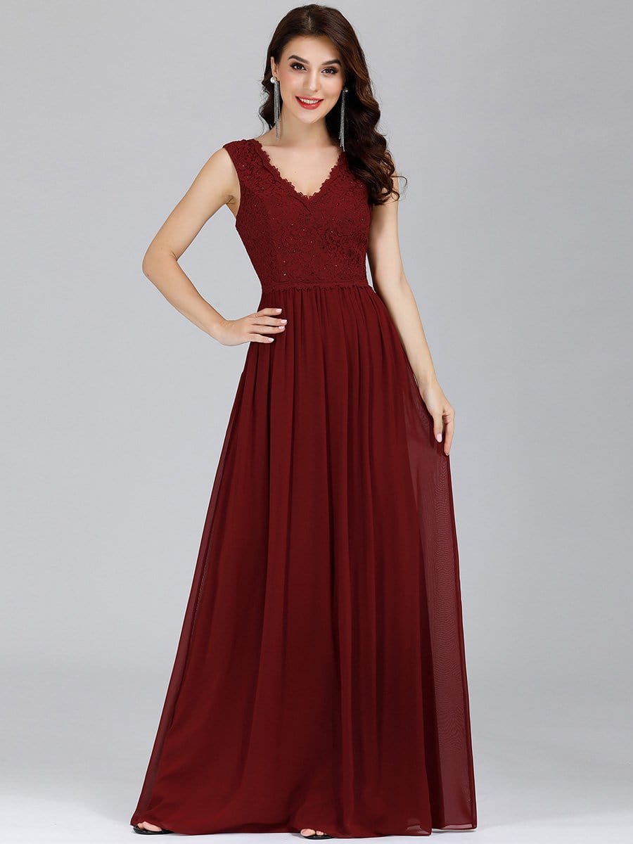 COLOR=Burgundy | Long Chiffon Evening Dress With Lace Bodice & V Neck-Burgundy 4 COLOR=Burgundy | Long Chiffon Evening Dress With Lace Bodice & V Neck-Burgundy 4