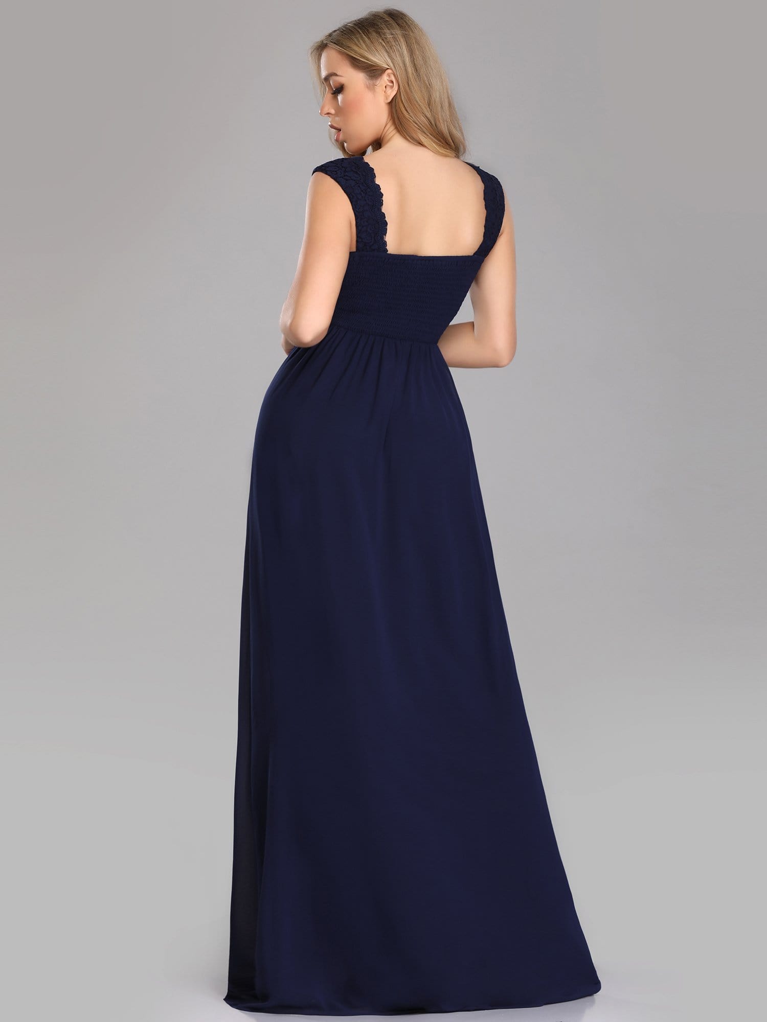 COLOR=Navy Blue | Long Chiffon Evening Dress With Lace Bodice & V Neck-Navy Blue 2 COLOR=Navy Blue | Long Chiffon Evening Dress With Lace Bodice & V Neck-Navy Blue 2