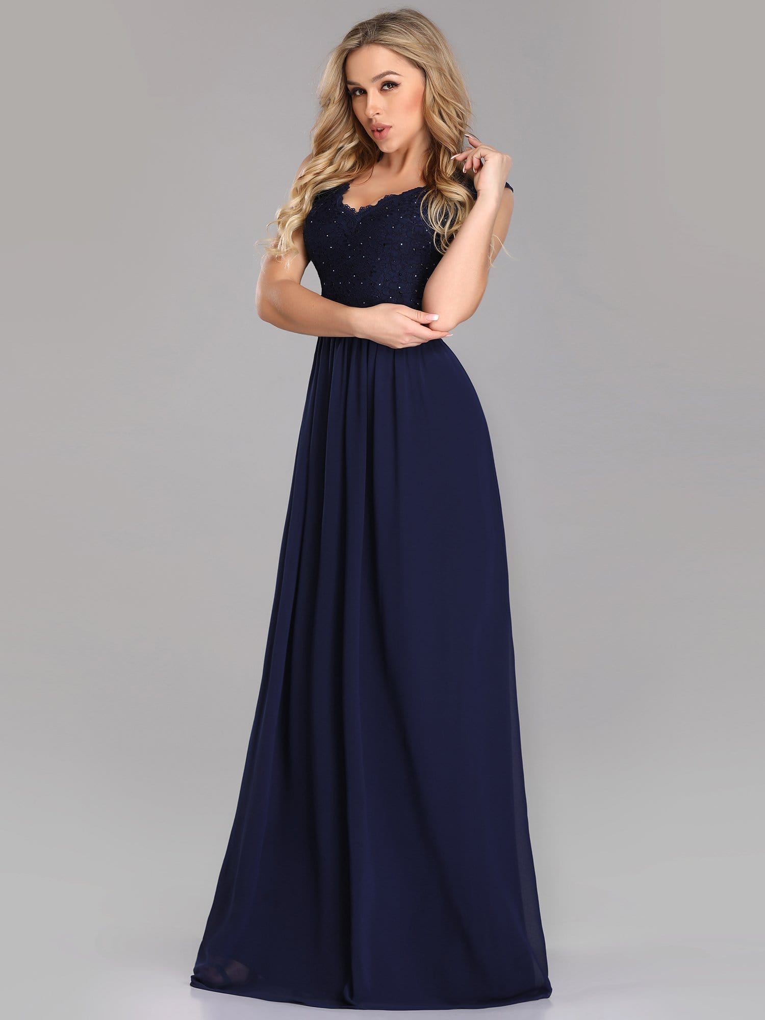 COLOR=Navy Blue | Long Chiffon Evening Dress With Lace Bodice & V Neck-Navy Blue 3 COLOR=Navy Blue | Long Chiffon Evening Dress With Lace Bodice & V Neck-Navy Blue 3