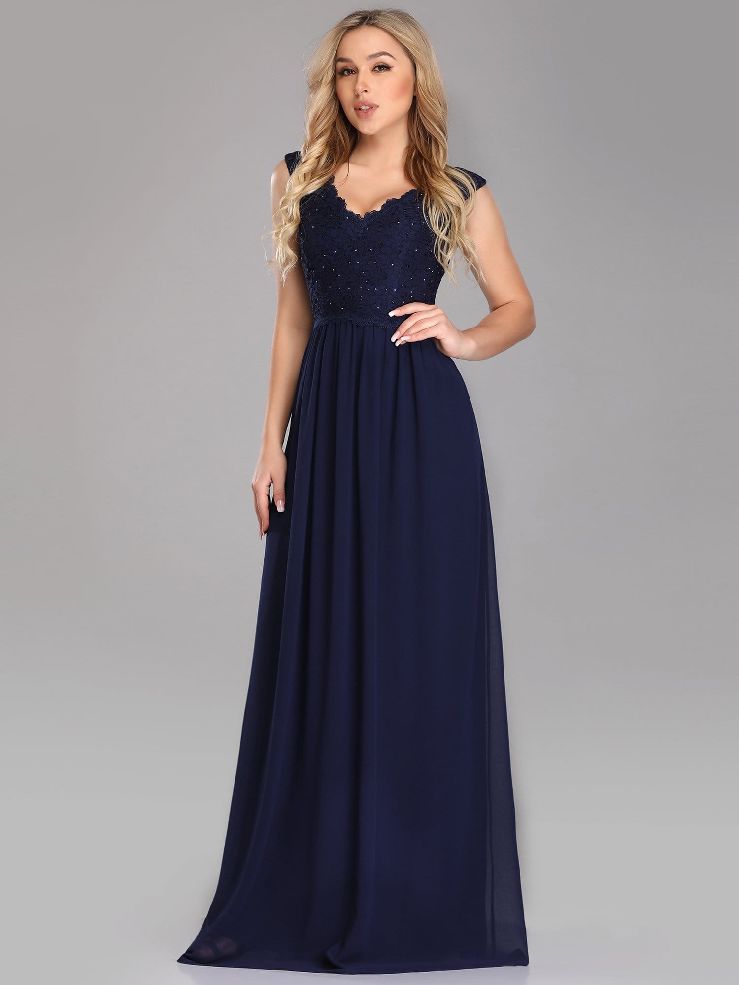 COLOR=Navy Blue | Long Chiffon Evening Dress With Lace Bodice & V Neck-Navy Blue 4 COLOR=Navy Blue | Long Chiffon Evening Dress With Lace Bodice & V Neck-Navy Blue 4