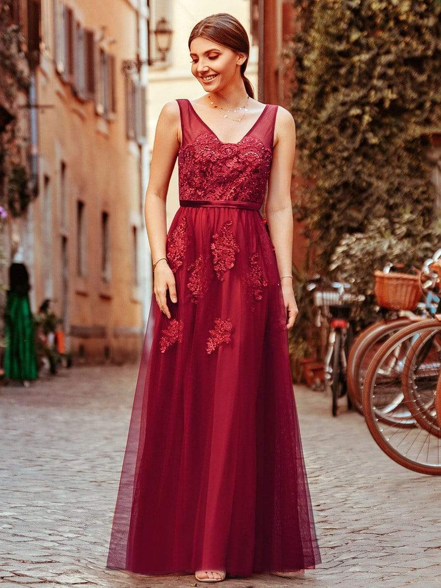COLOR=Burgundy | Women Elegant V Neck Sleeveless Lace Evening Cocktail Party Dresses-Burgundy 3 COLOR=Burgundy | Women Elegant V Neck Sleeveless Lace Evening Cocktail Party Dresses-Burgundy 3