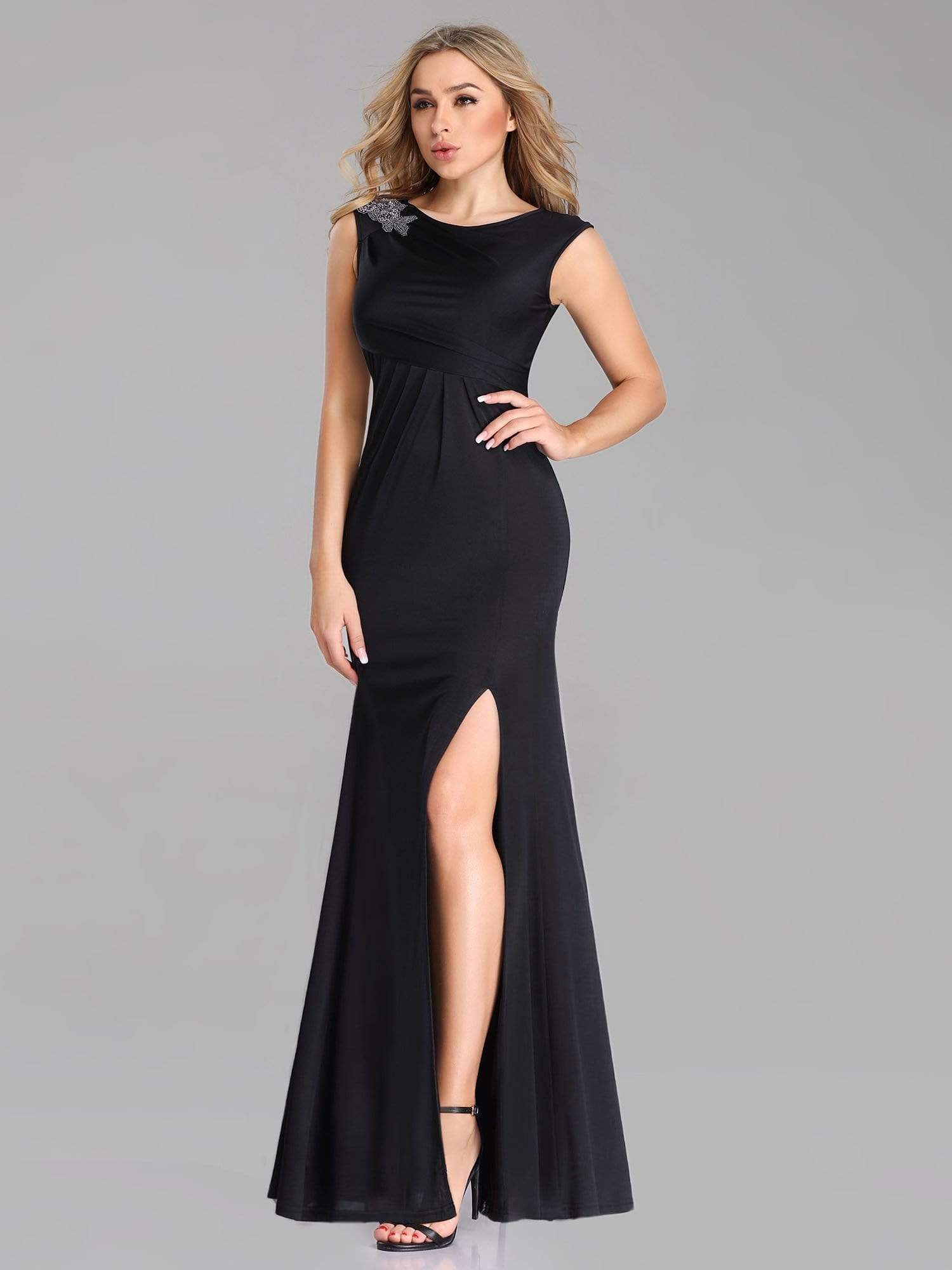 Color=Black | Long Black Evening Dress With Shoulder Applique-Black 5 Color=Black | Long Black Evening Dress With Shoulder Applique-Black 5