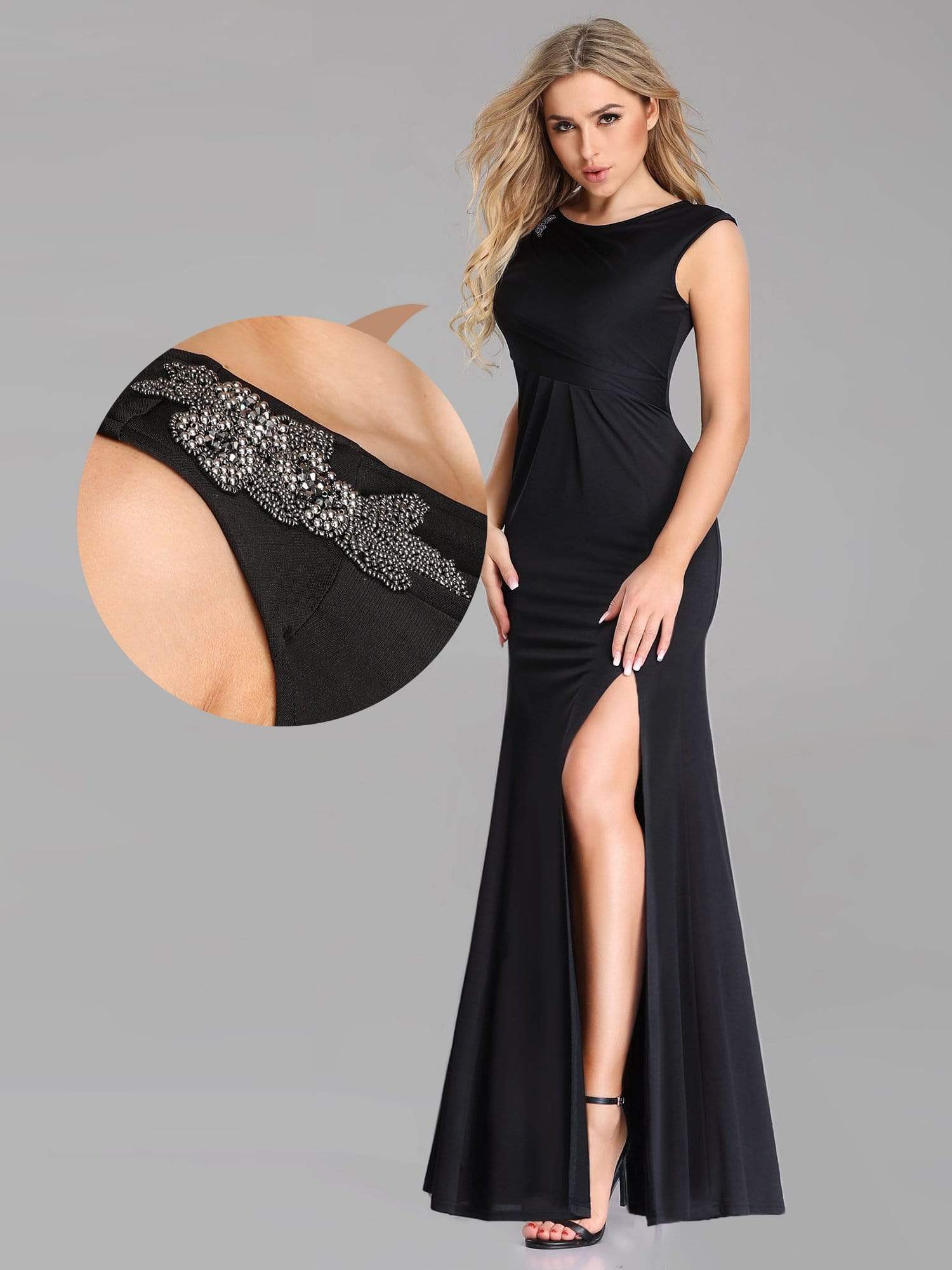 Color=Black | Long Black Evening Dress With Shoulder Applique-Black 7 Color=Black | Long Black Evening Dress With Shoulder Applique-Black 7