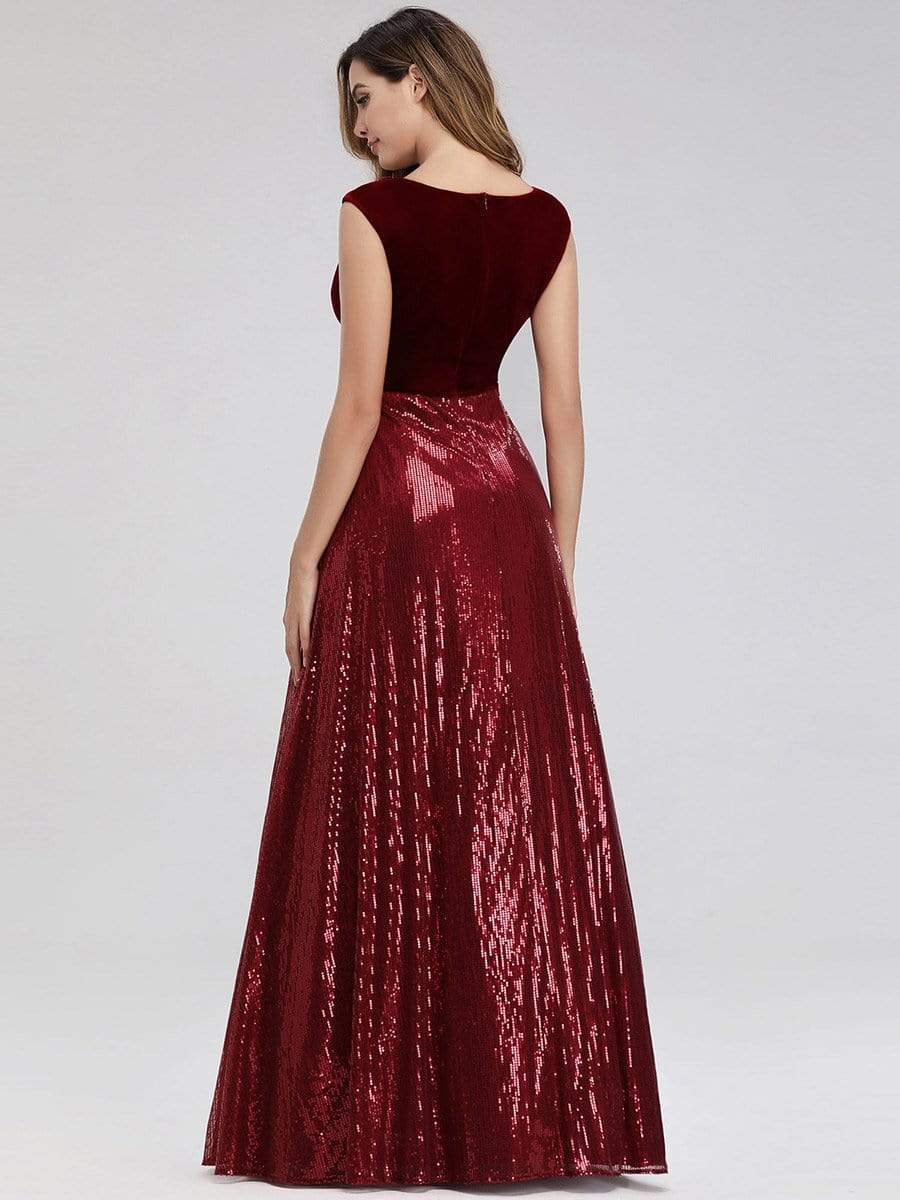 COLOR=Burgundy | Floor Length Velvet And Sequin Evening Dress-Burgundy 3 COLOR=Burgundy | Floor Length Velvet And Sequin Evening Dress-Burgundy 3