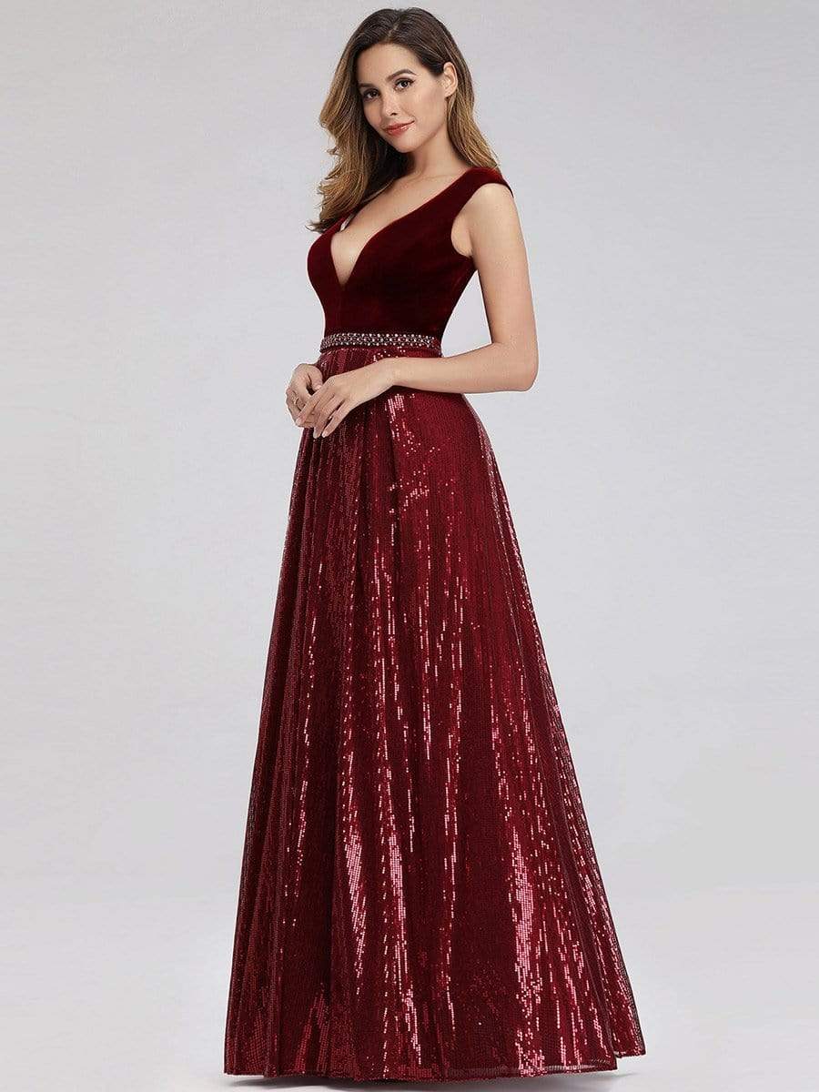 COLOR=Burgundy | Floor Length Velvet And Sequin Evening Dress-Burgundy 4 COLOR=Burgundy | Floor Length Velvet And Sequin Evening Dress-Burgundy 4