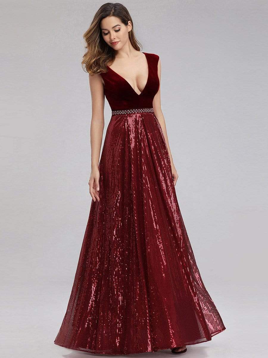 COLOR=Burgundy | Floor Length Velvet And Sequin Evening Dress-Burgundy 5 COLOR=Burgundy | Floor Length Velvet And Sequin Evening Dress-Burgundy 5