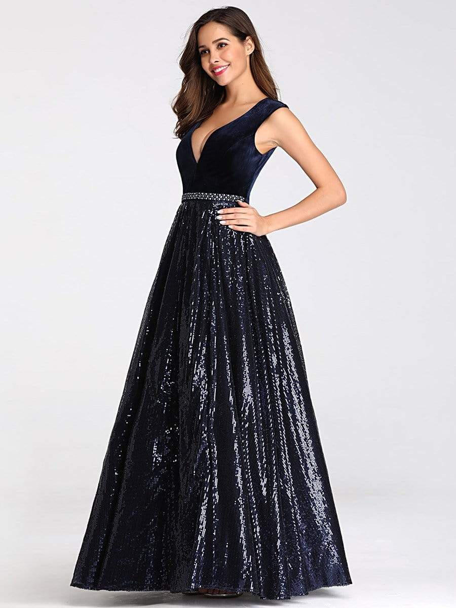 COLOR=Navy Blue | Floor Length Velvet And Sequin Evening Dress-Navy Blue 13 COLOR=Navy Blue | Floor Length Velvet And Sequin Evening Dress-Navy Blue 13