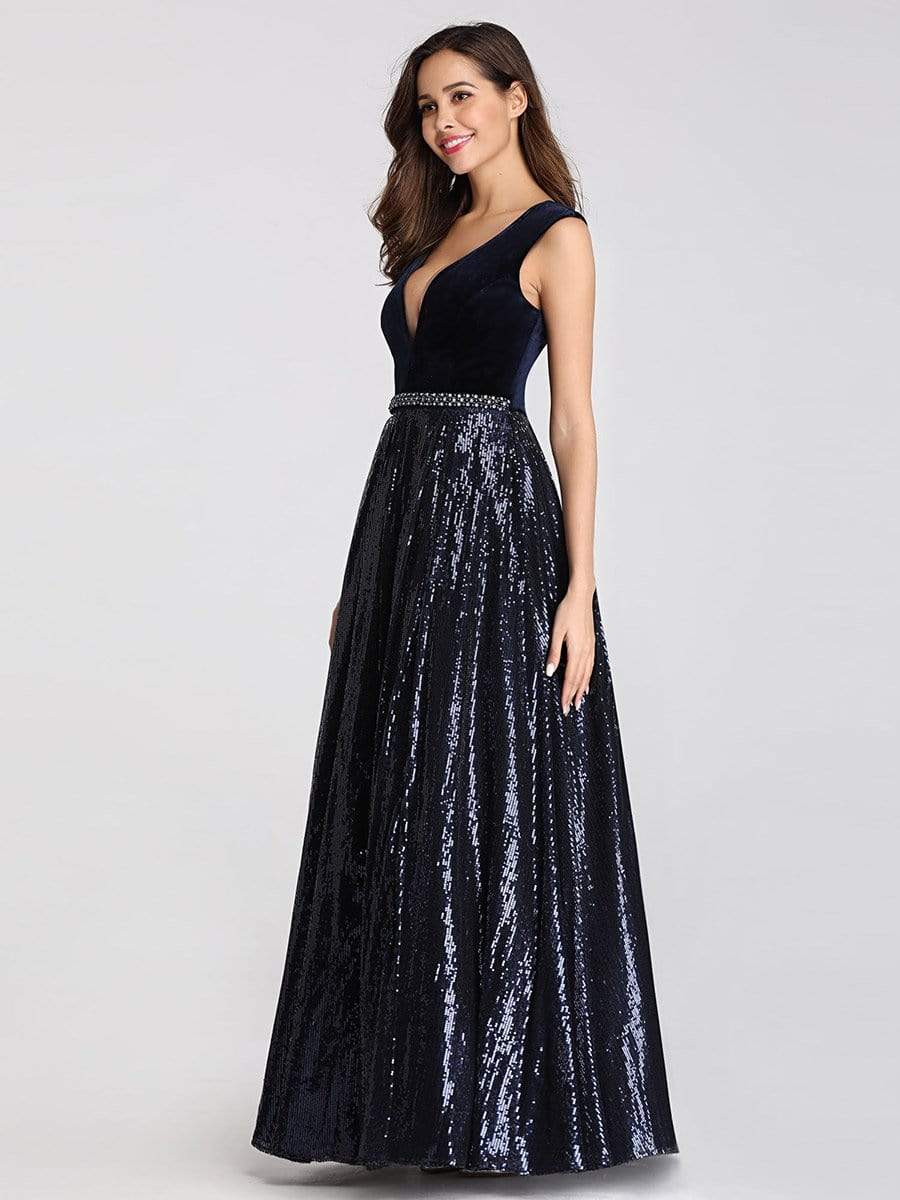 COLOR=Navy Blue | Floor Length Velvet And Sequin Evening Dress-Navy Blue 18 COLOR=Navy Blue | Floor Length Velvet And Sequin Evening Dress-Navy Blue 18